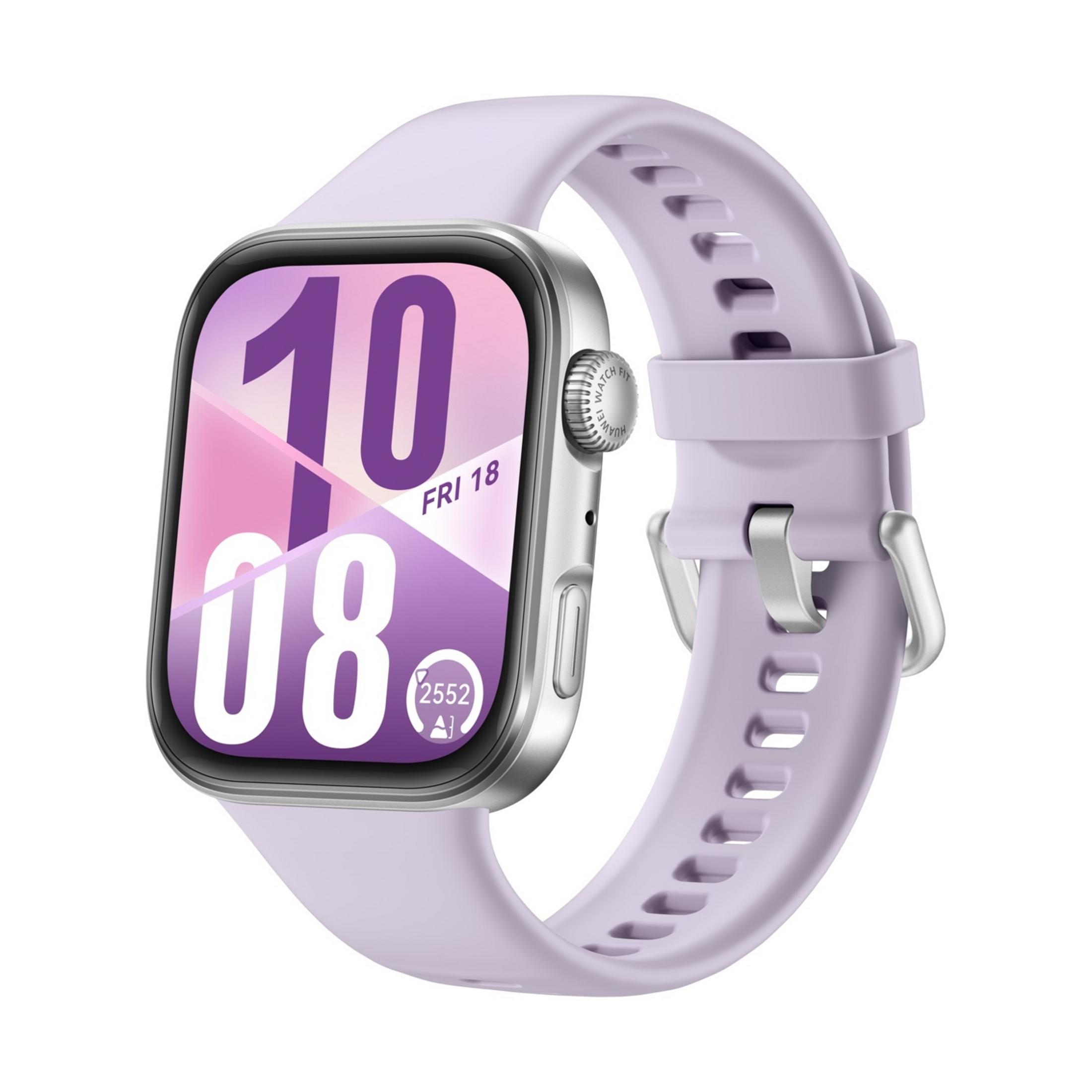 Een lavendelkleurig smartwatch met zilveren kast en digitaal display dat tijd toont.