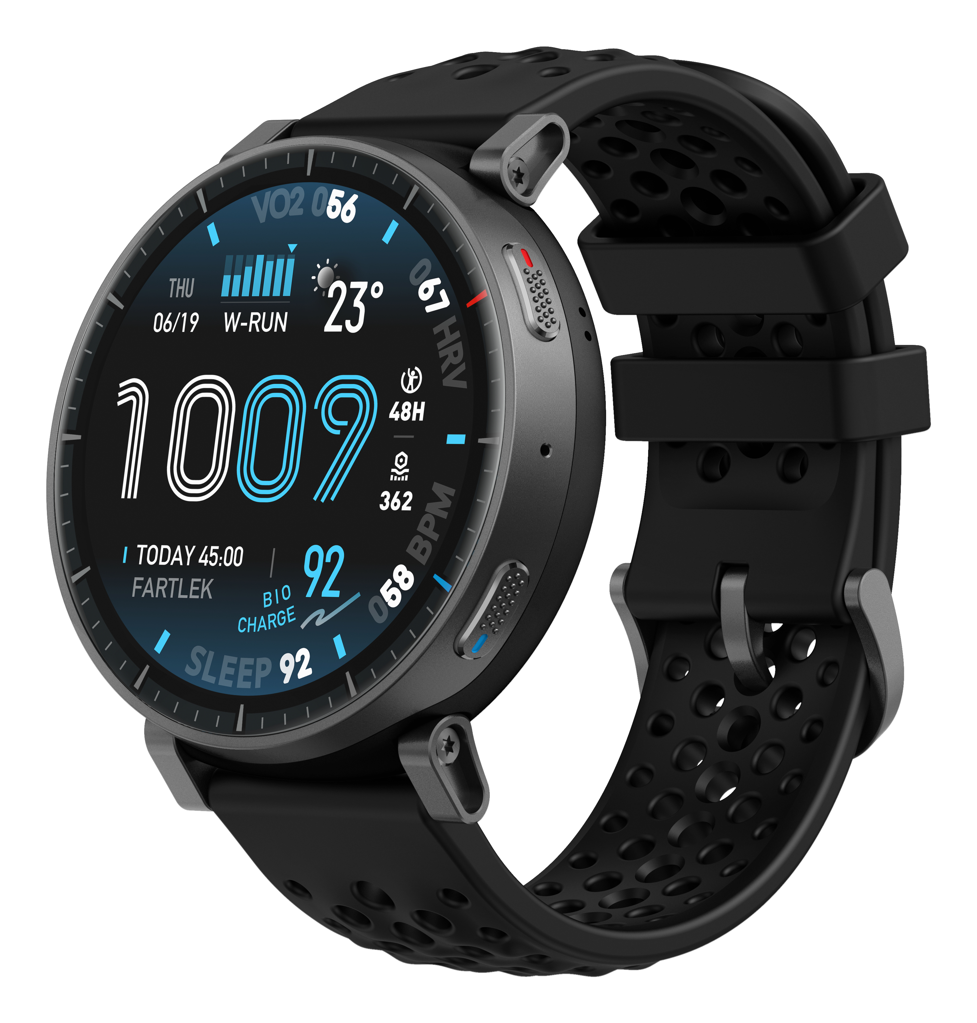 Eine schwarze Smartwatch mit einem runden Display, das Daten wie Uhrzeit, Datum, Herzfrequenz und Schritte anzeigt.