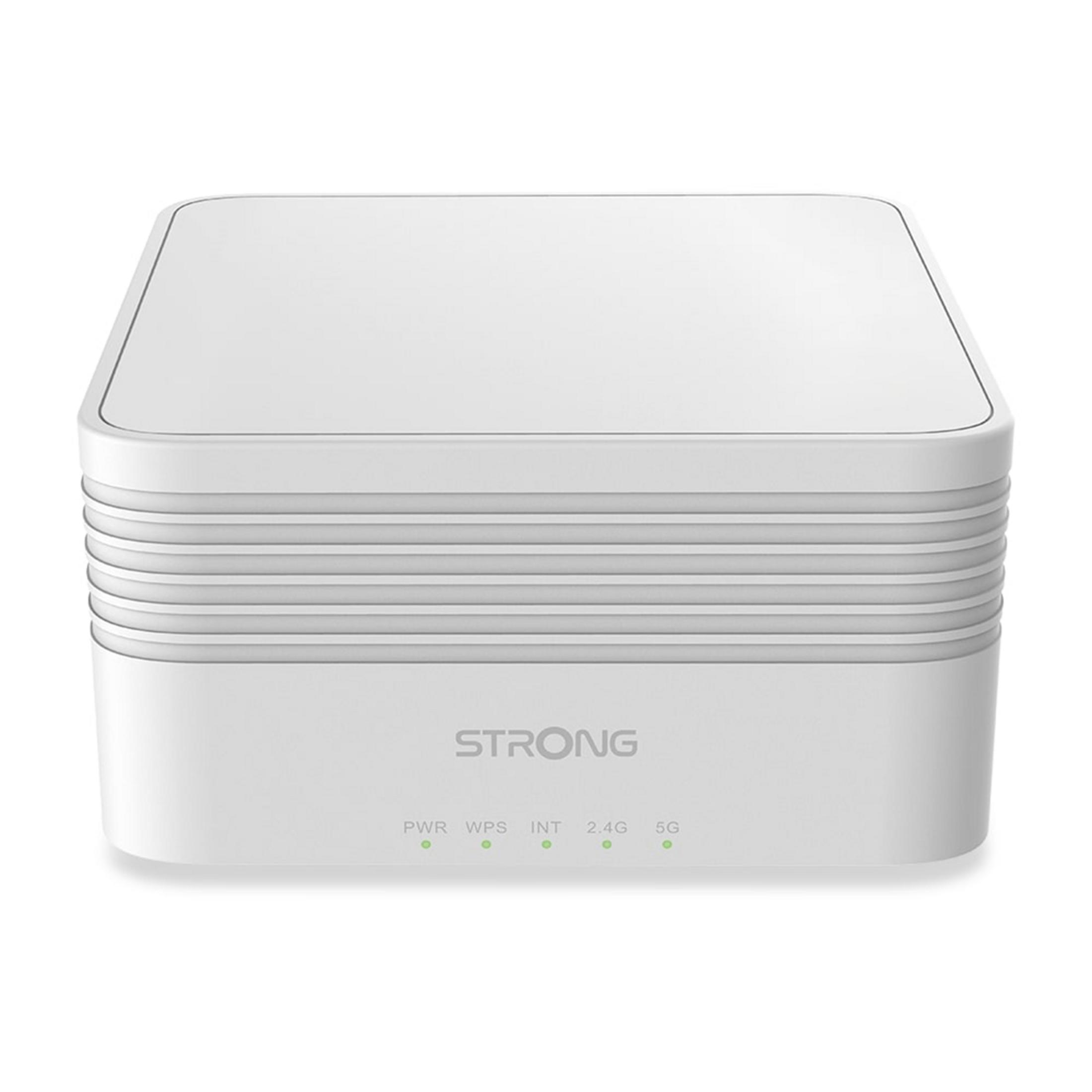 Un router blanco con ranuras horizontales y LEDs de estado.