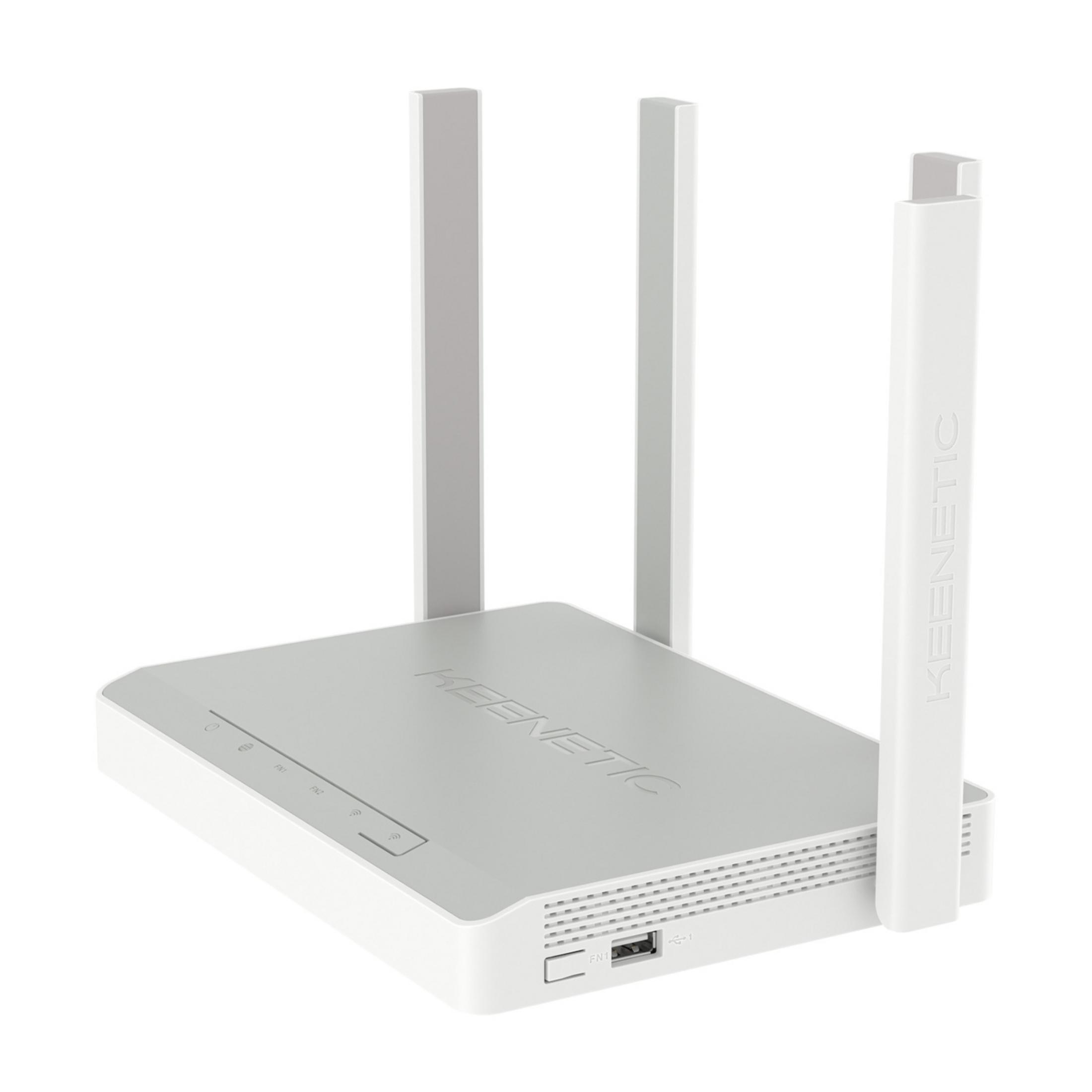 Biały router Keenetic z trzema antenami i jednym portem USB.