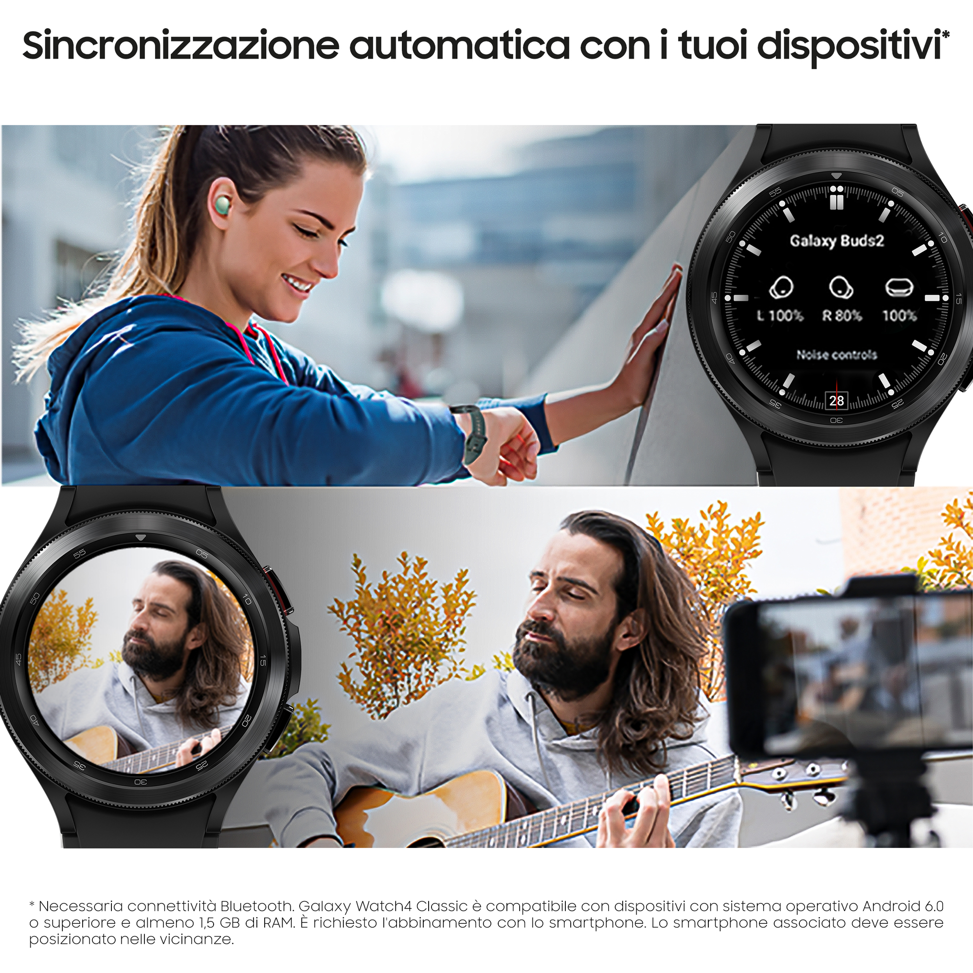 Frau mit Ohrhörern, Smartwatch zeigt Galaxy Buds2, Mann spielt Gitarre.