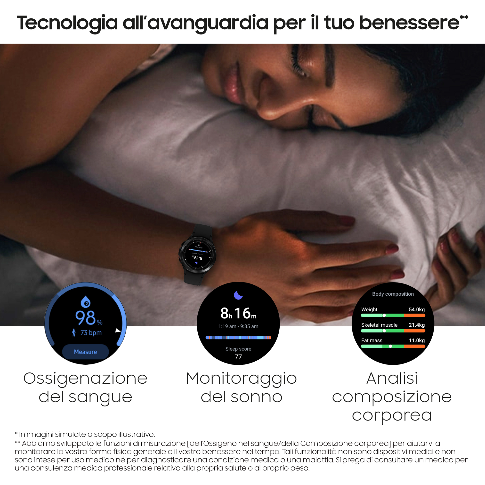 Eine Person schläft, ein Smartwatch zeigt Vitaldaten an.
