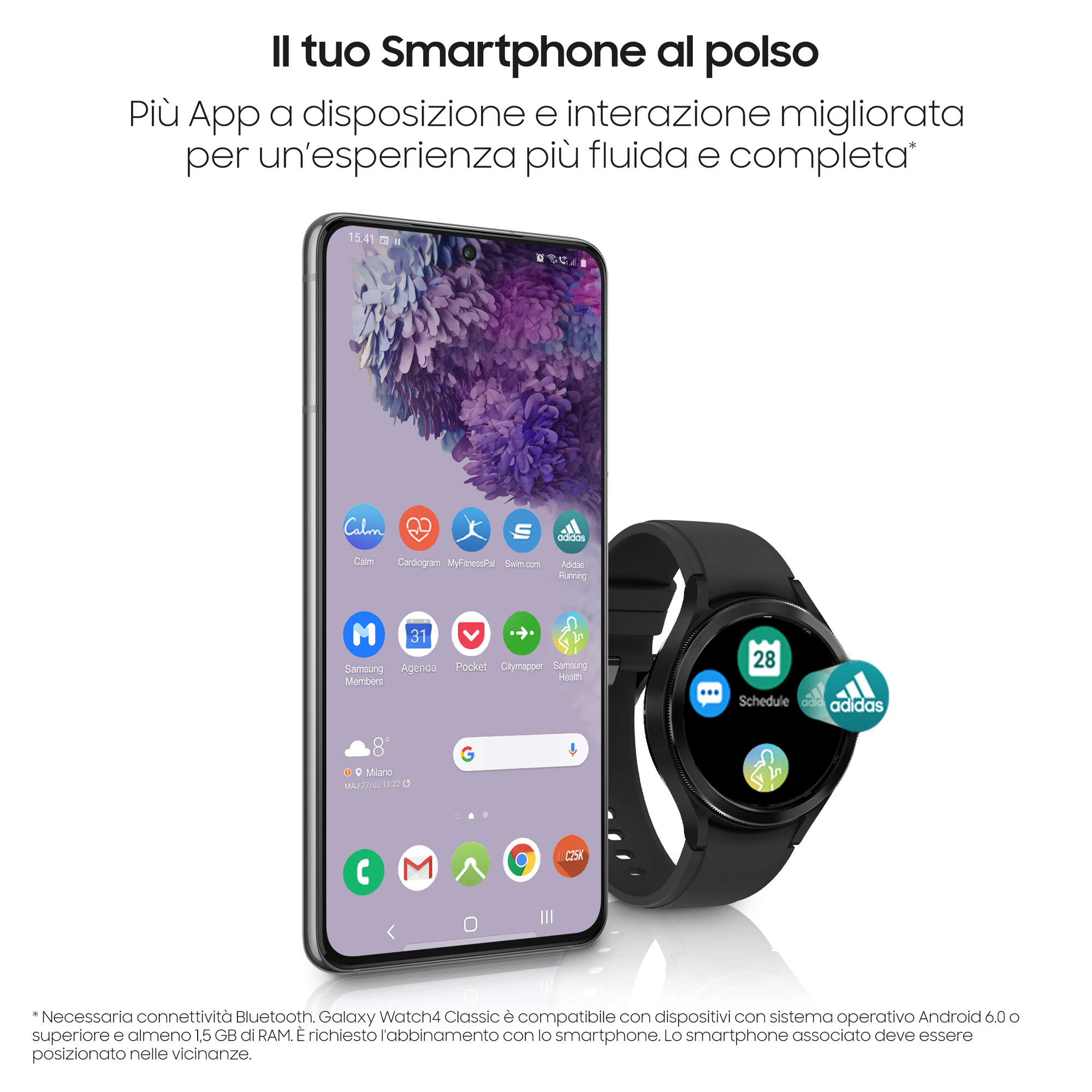 Ein Smartphone mit Apps und eine Smartwatch daneben.