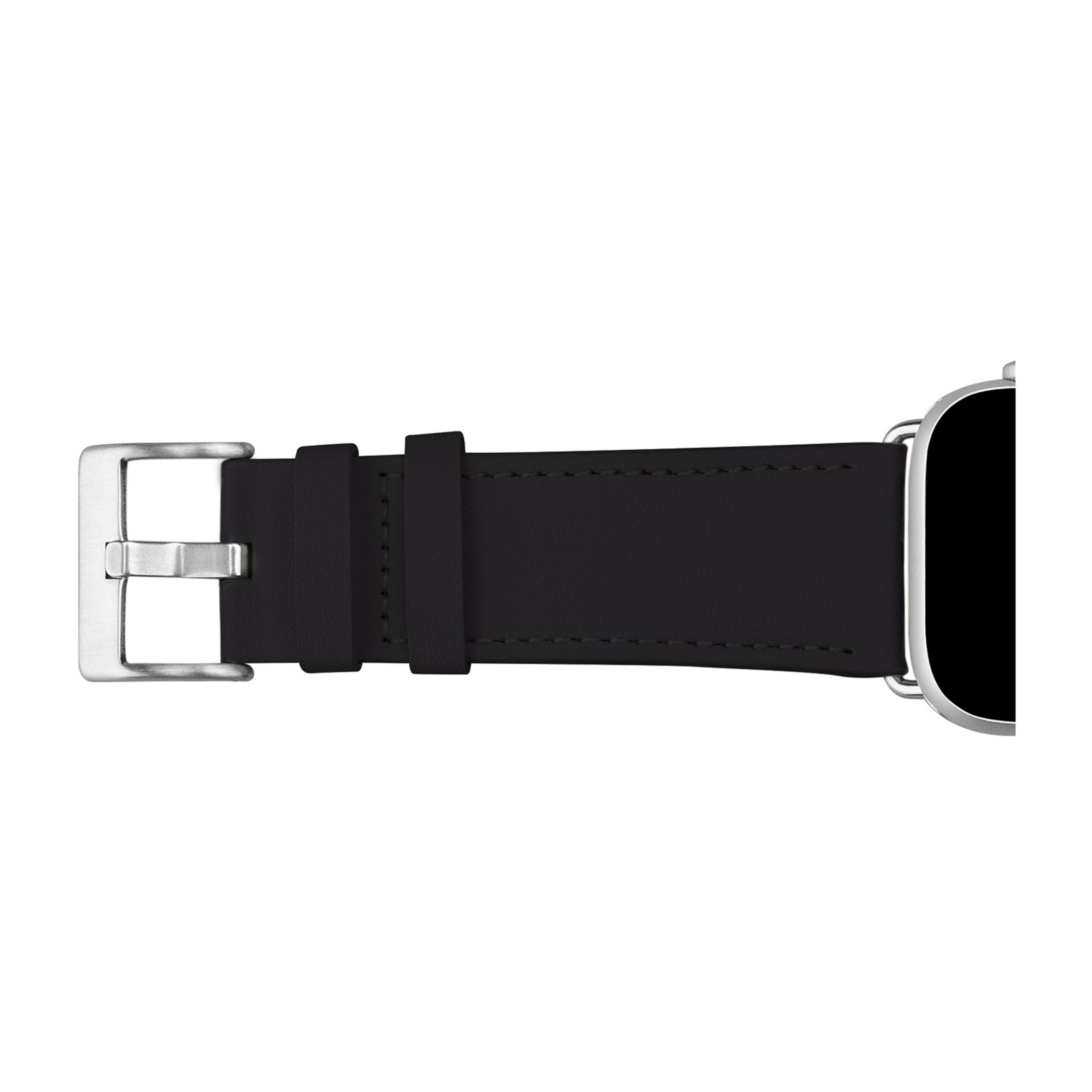 Cinturino nero in pelle per orologio con fibbia e cassa argentate.