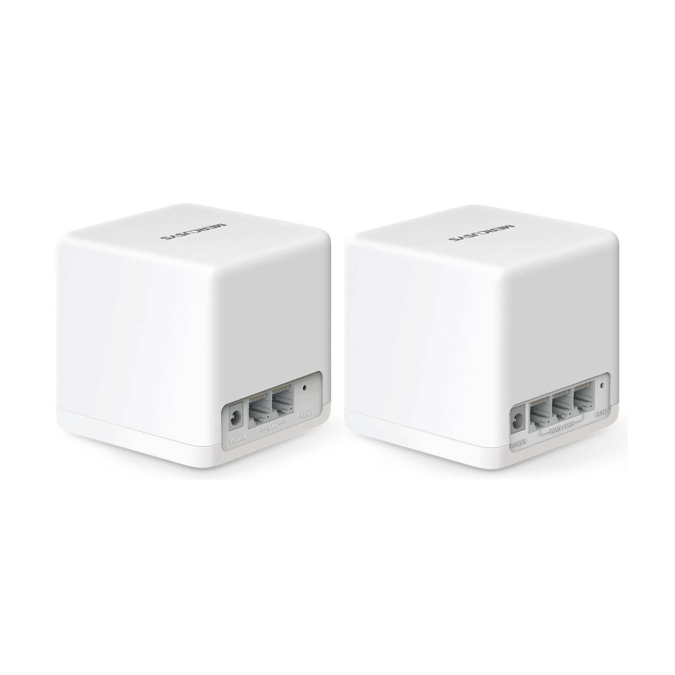Twee witte MERCUSYS routers naast elkaar met poorten.