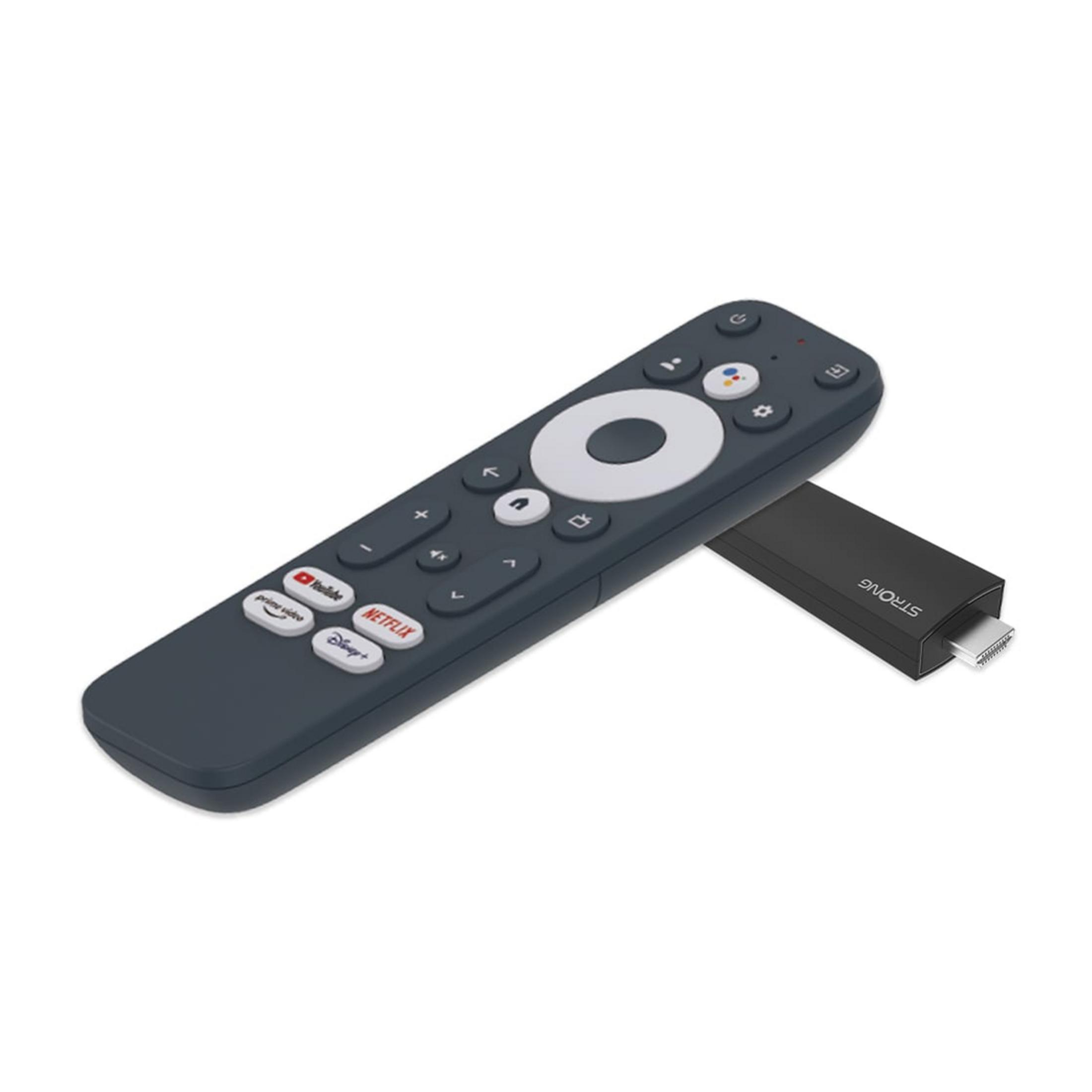 Un dongle de control remoto negro con conector HDMI y un control remoto oscuro.