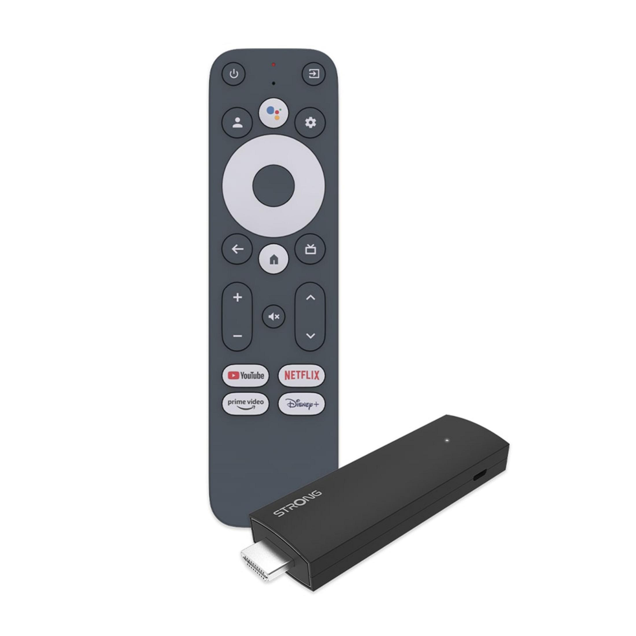 Un mando gris oscuro y un stick de streaming negro con conector HDMI sobre fondo blanco.