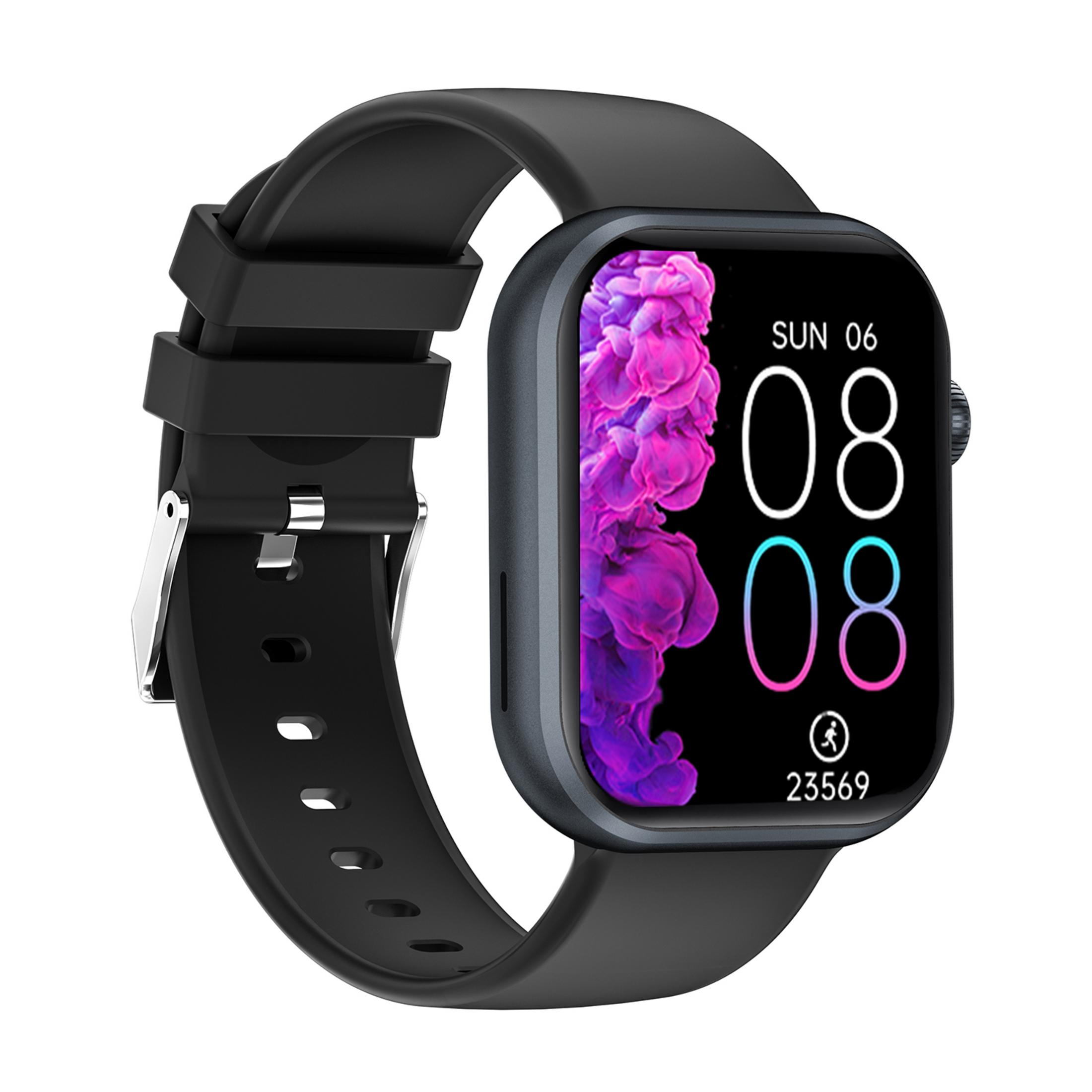 Uno smartwatch nero con quadrante a fumo viola e rosa.