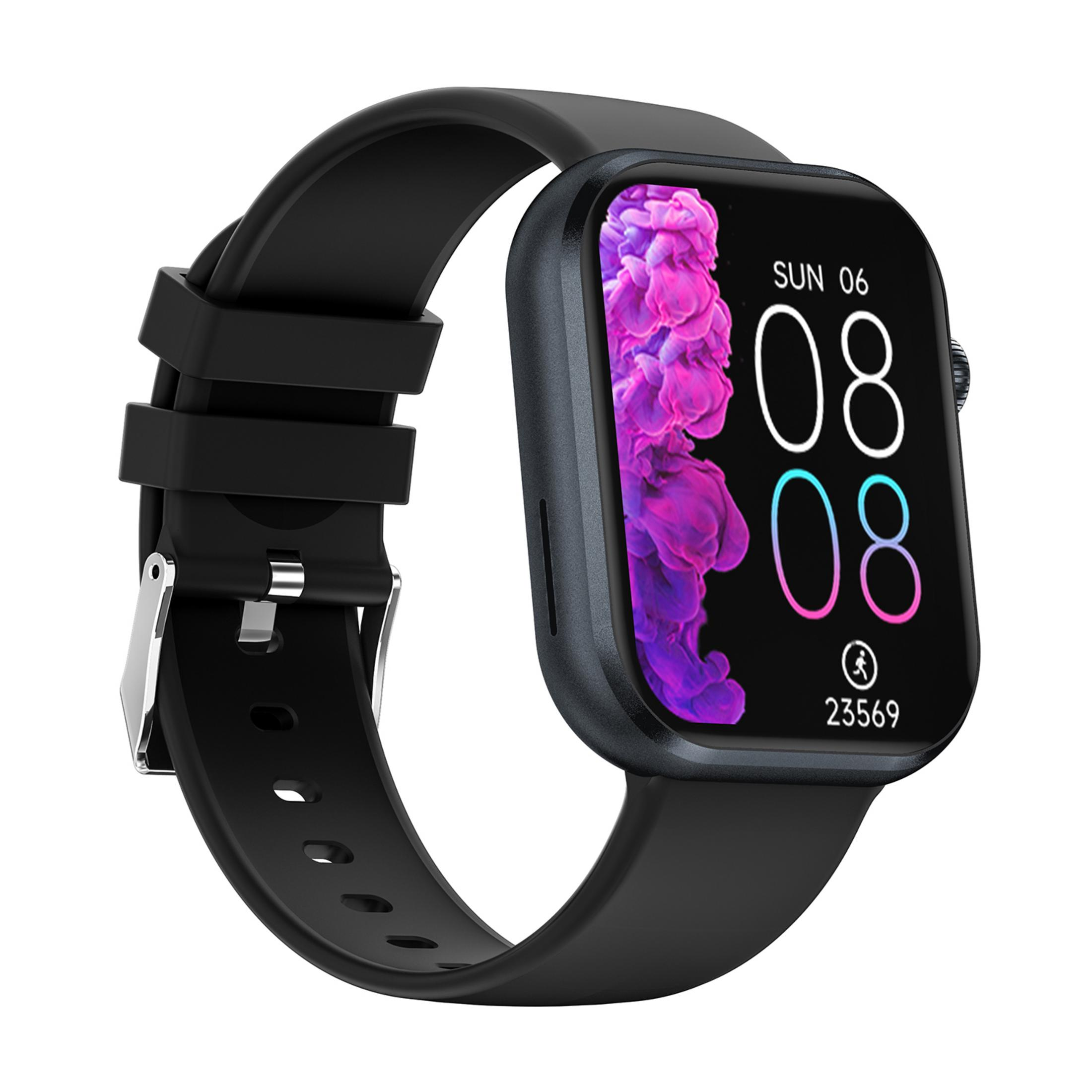 Smartwatch nero con display digitale che mostra data e ora.
