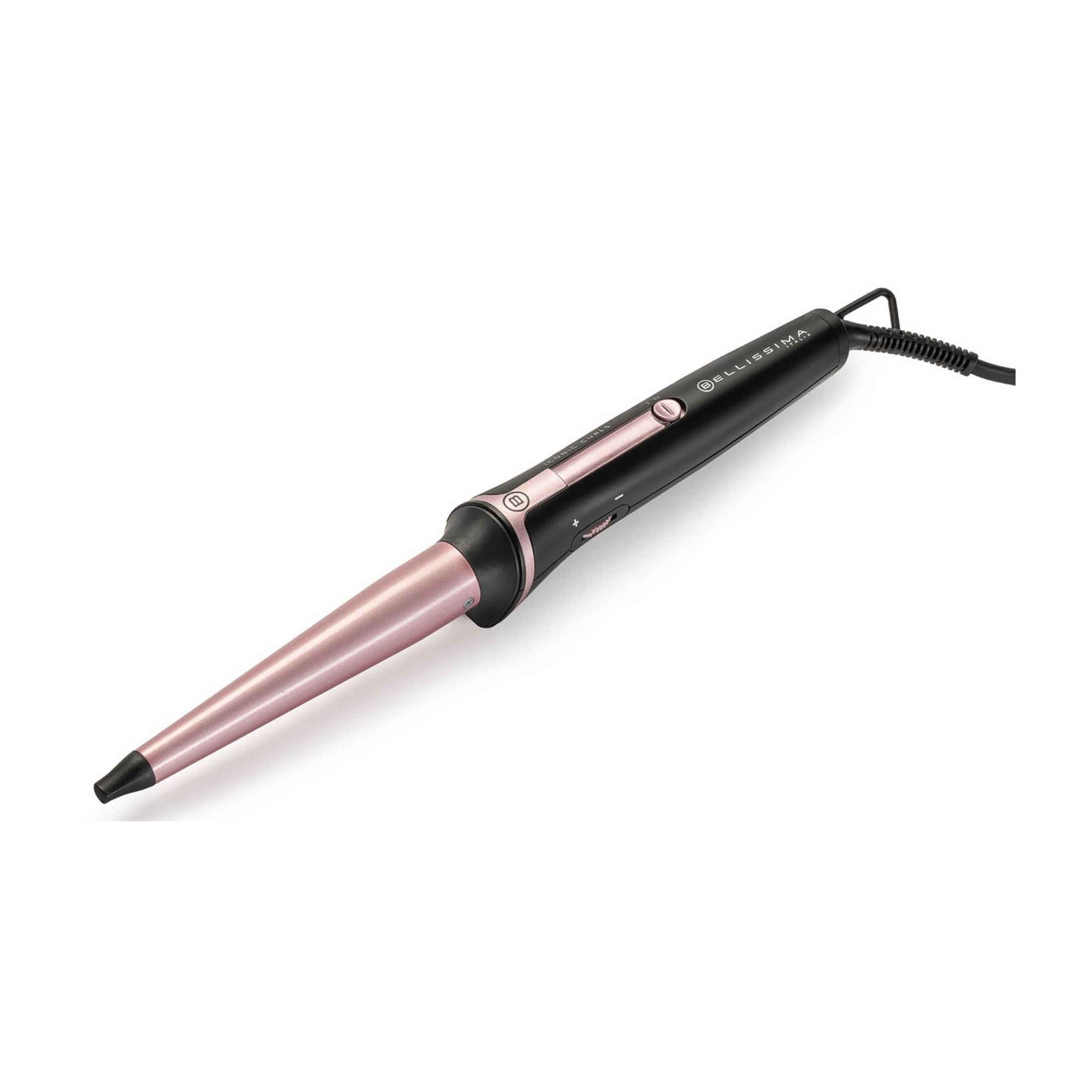 Ein pinker und schwarzer Lockenstab mit konischem Rohr und Kabel.