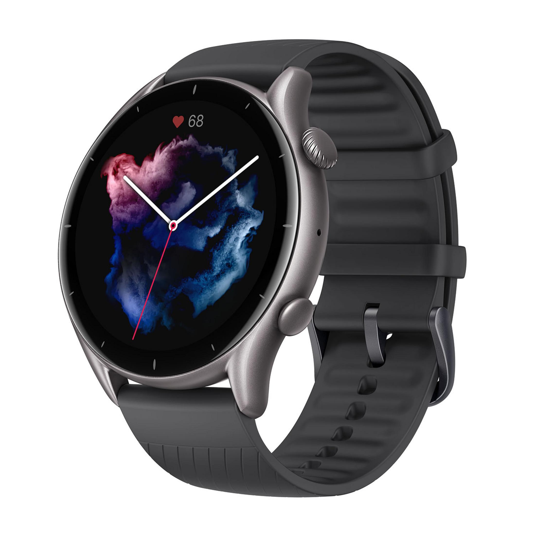 Smartwatch grigio con cinturino nero e display della frequenza cardiaca.