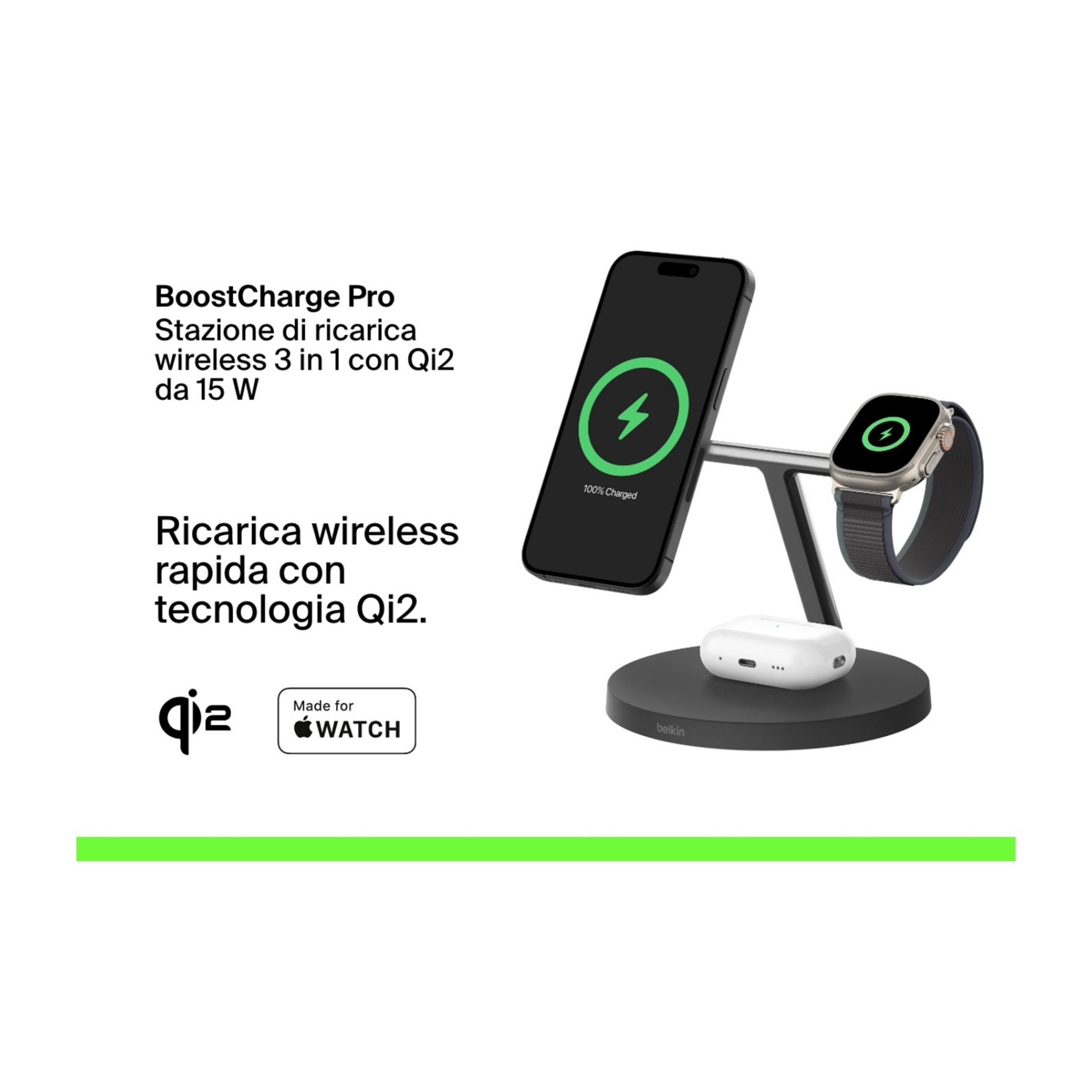 Ladestation mit iPhone, Apple Watch und AirPods. iPhone zeigt 100% an.