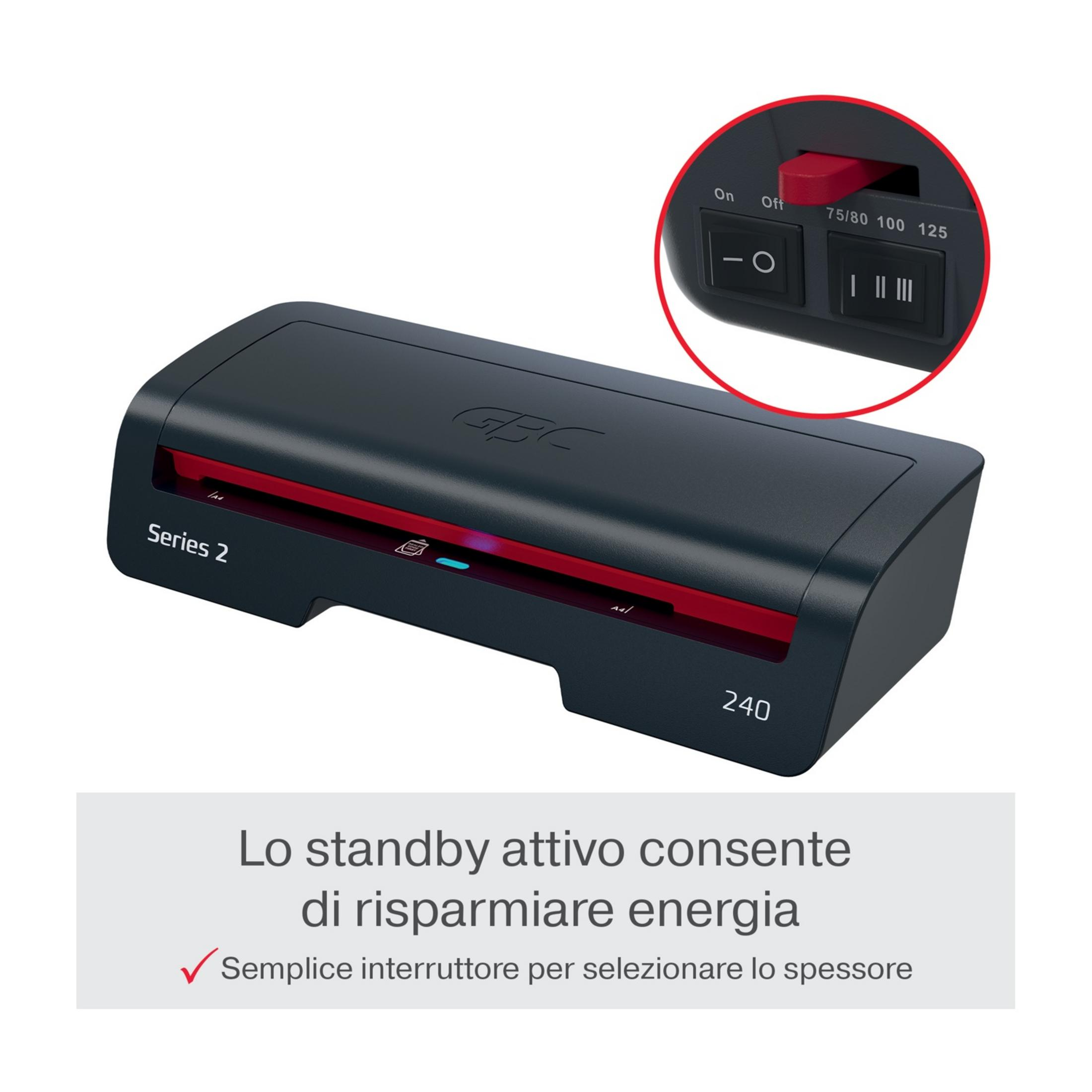 Dunkelgrauer Laminator mit roten Akzenten und Schaltern. Standby-Modus spart Energie.