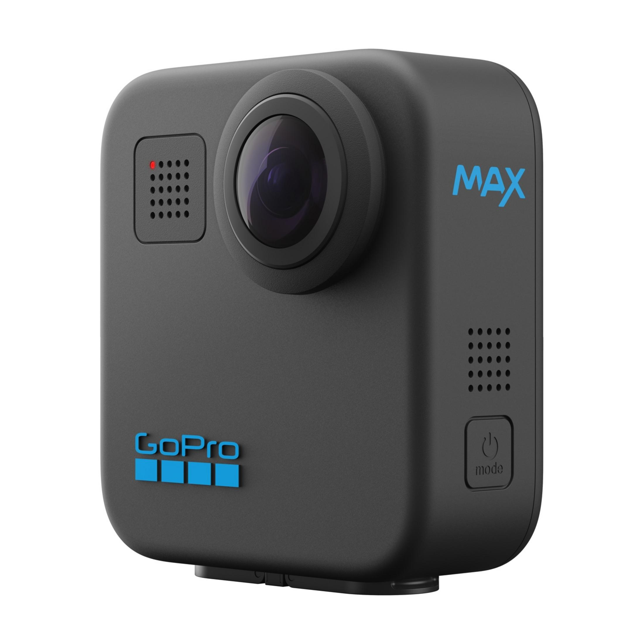 Fotocamera GoPro MAX nera con due lenti e loghi blu.