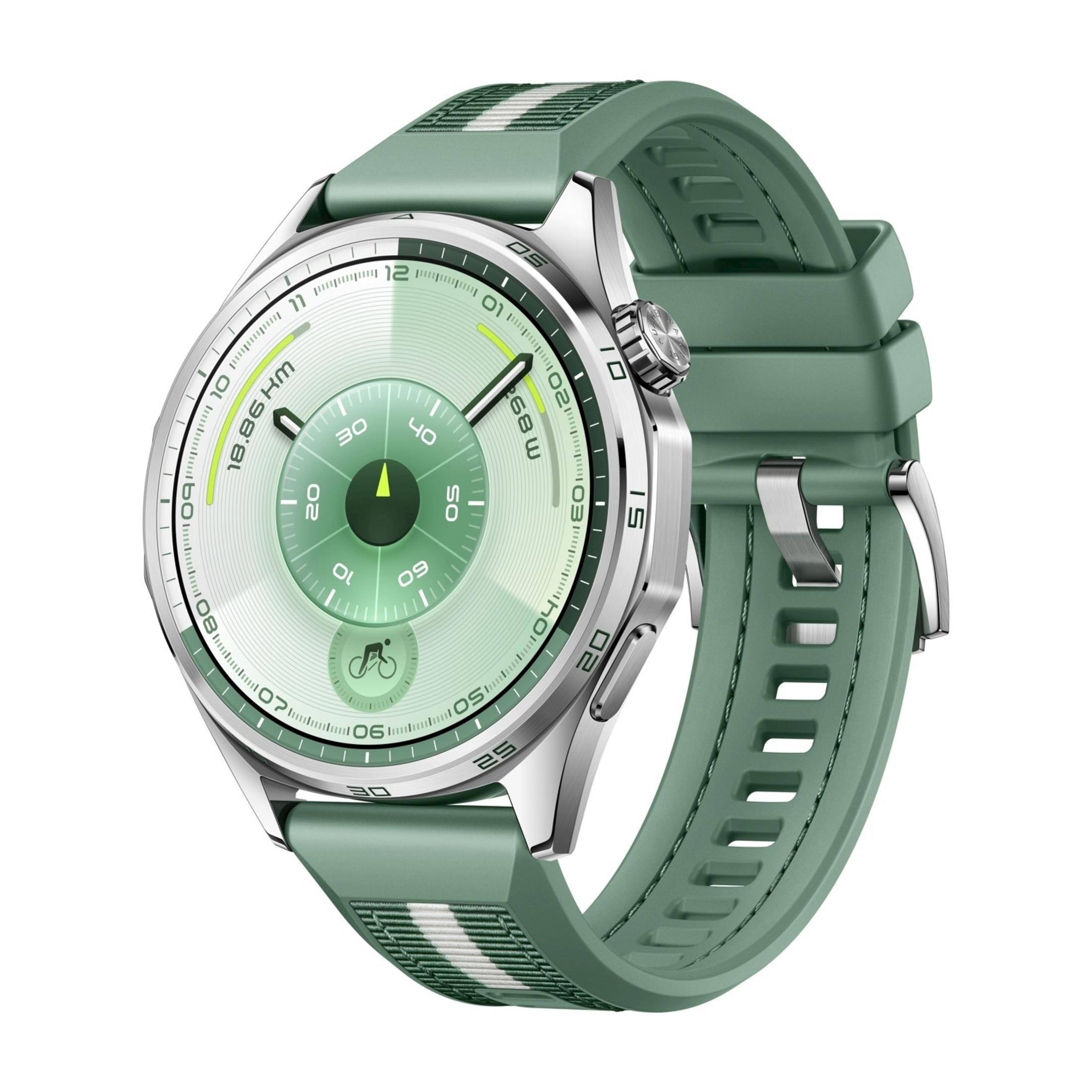 Reloj inteligente verde con carcasa plateada y pantalla que muestra 18,86 km.