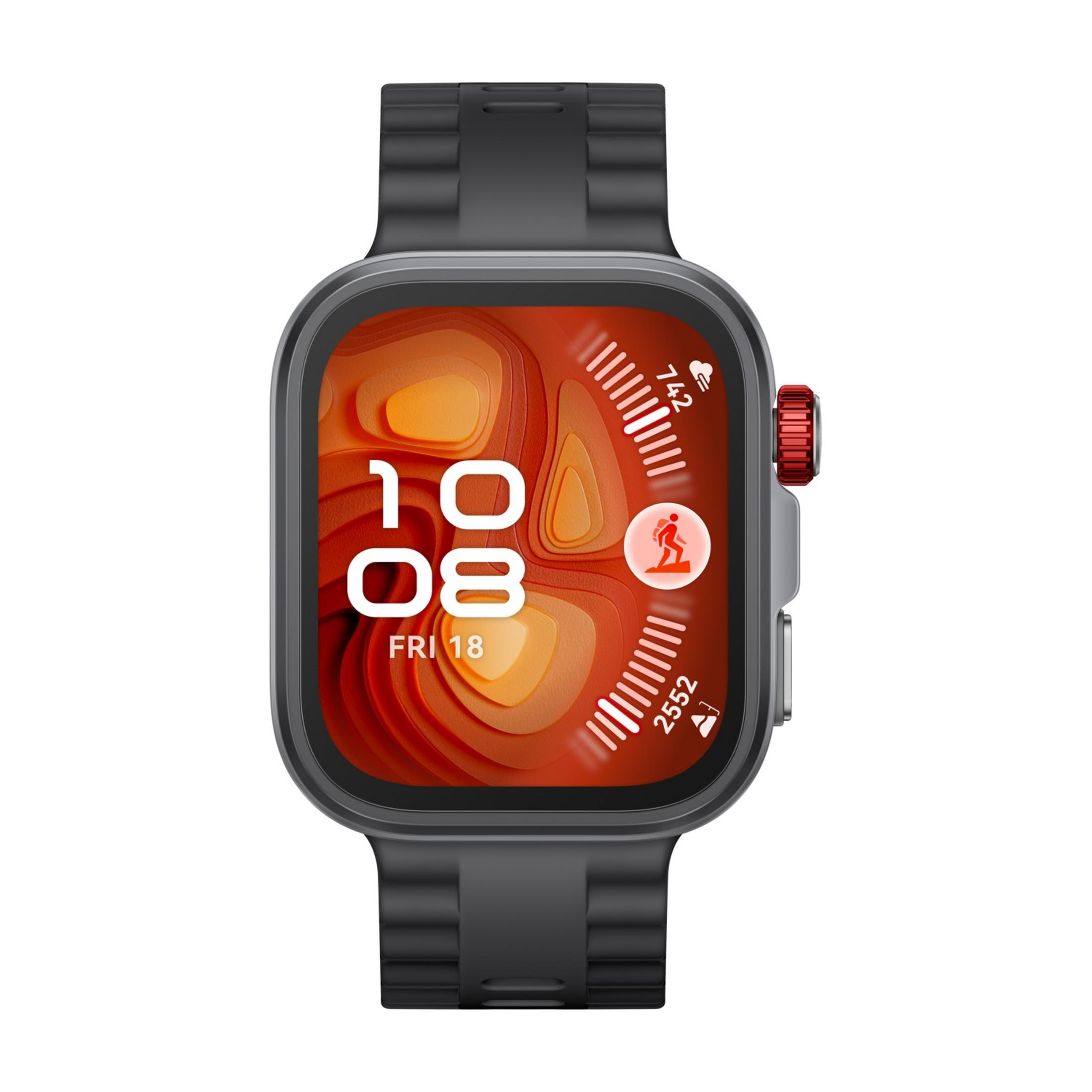 Eine graue Smartwatch mit einem roten Zifferblatt, das 10:08 Uhr anzeigt.