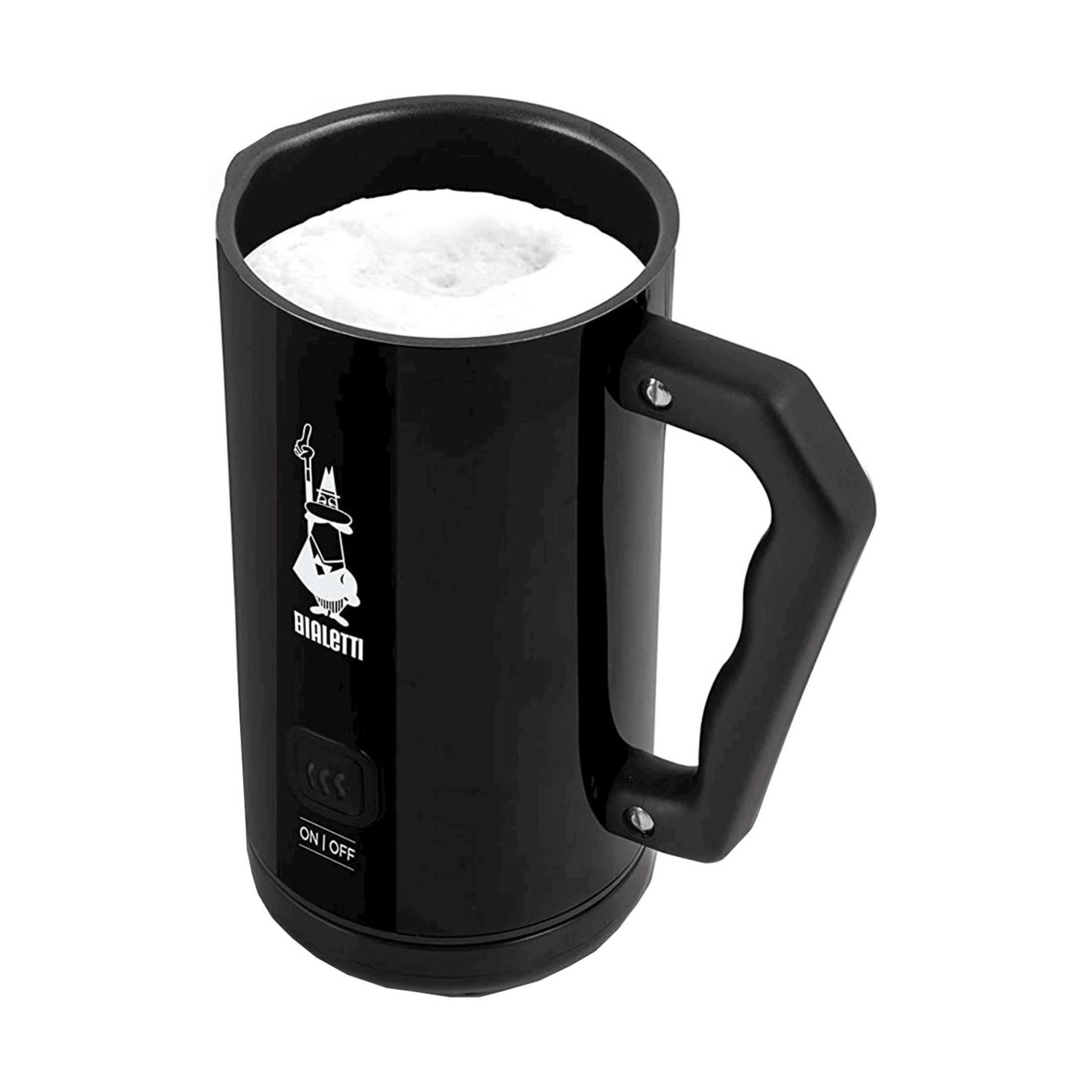 Schwarzer Milchaufschäumer mit weißem Schaum und Bialetti-Logo.