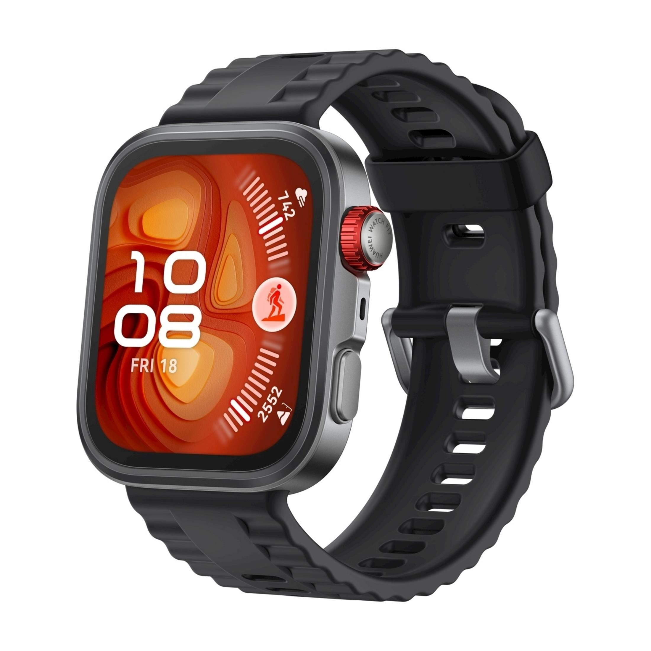 Graue Smartwatch mit schwarzem Band, zeigt 10:08 Uhr und Aktivitätssymbole.