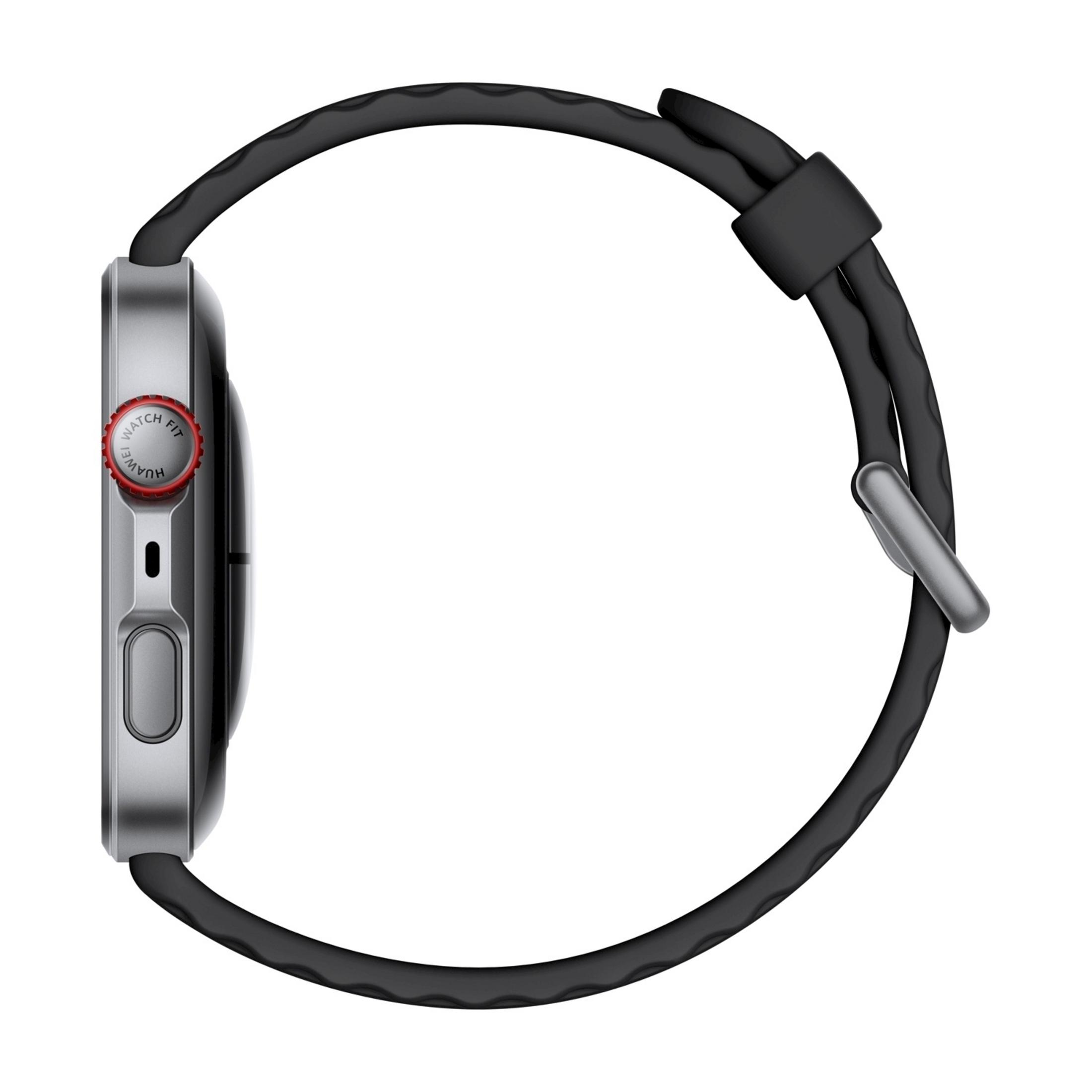 Graue Smartwatch mit schwarzem Armband auf weißem Hintergrund.