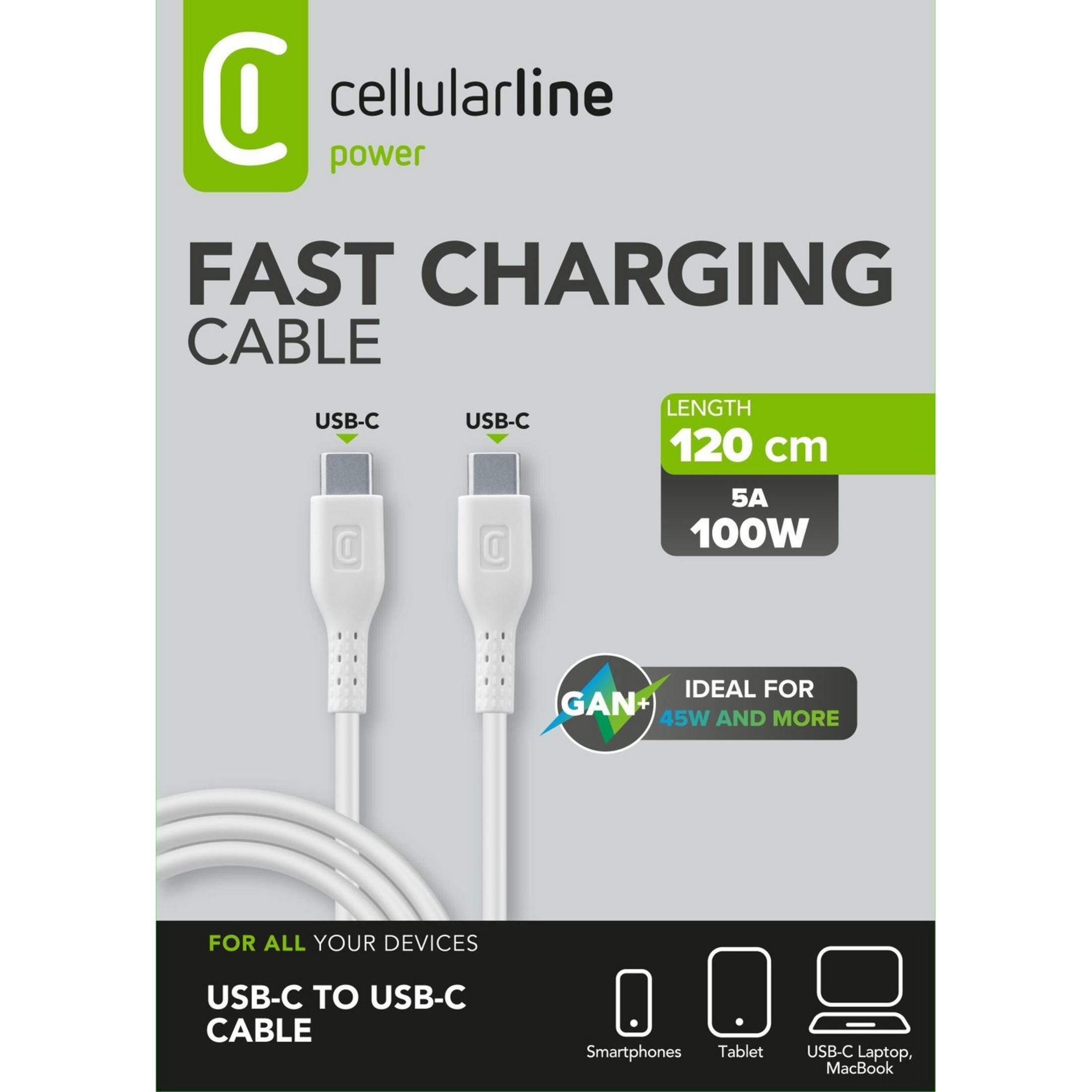 Zwei weiße USB-C-zu-USB-C-Kabel mit 120 cm Länge, 5 A, 100 W.