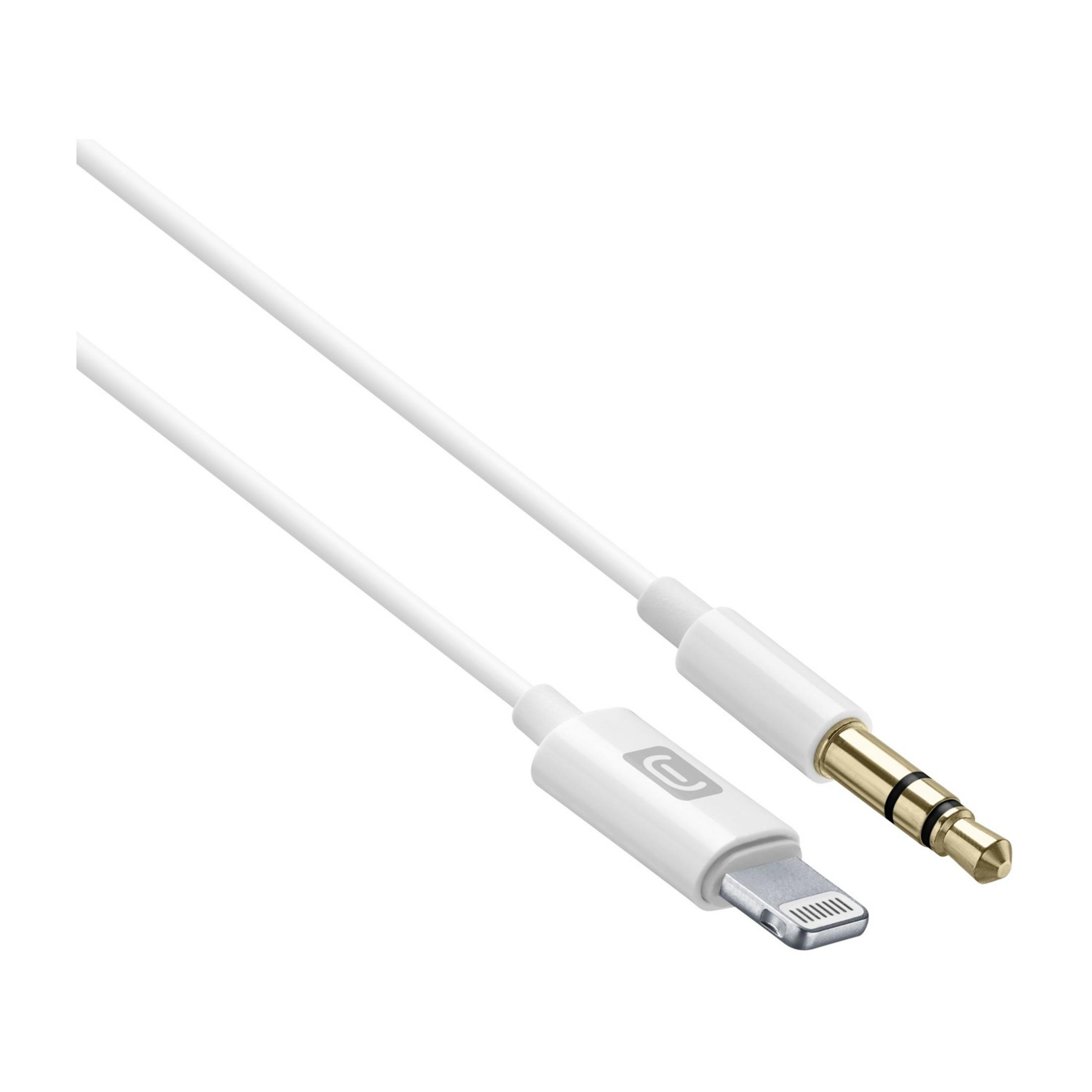 Weißes Kabel mit Lightning- und 3,5-mm-Steckern, auf weißem Hintergrund.