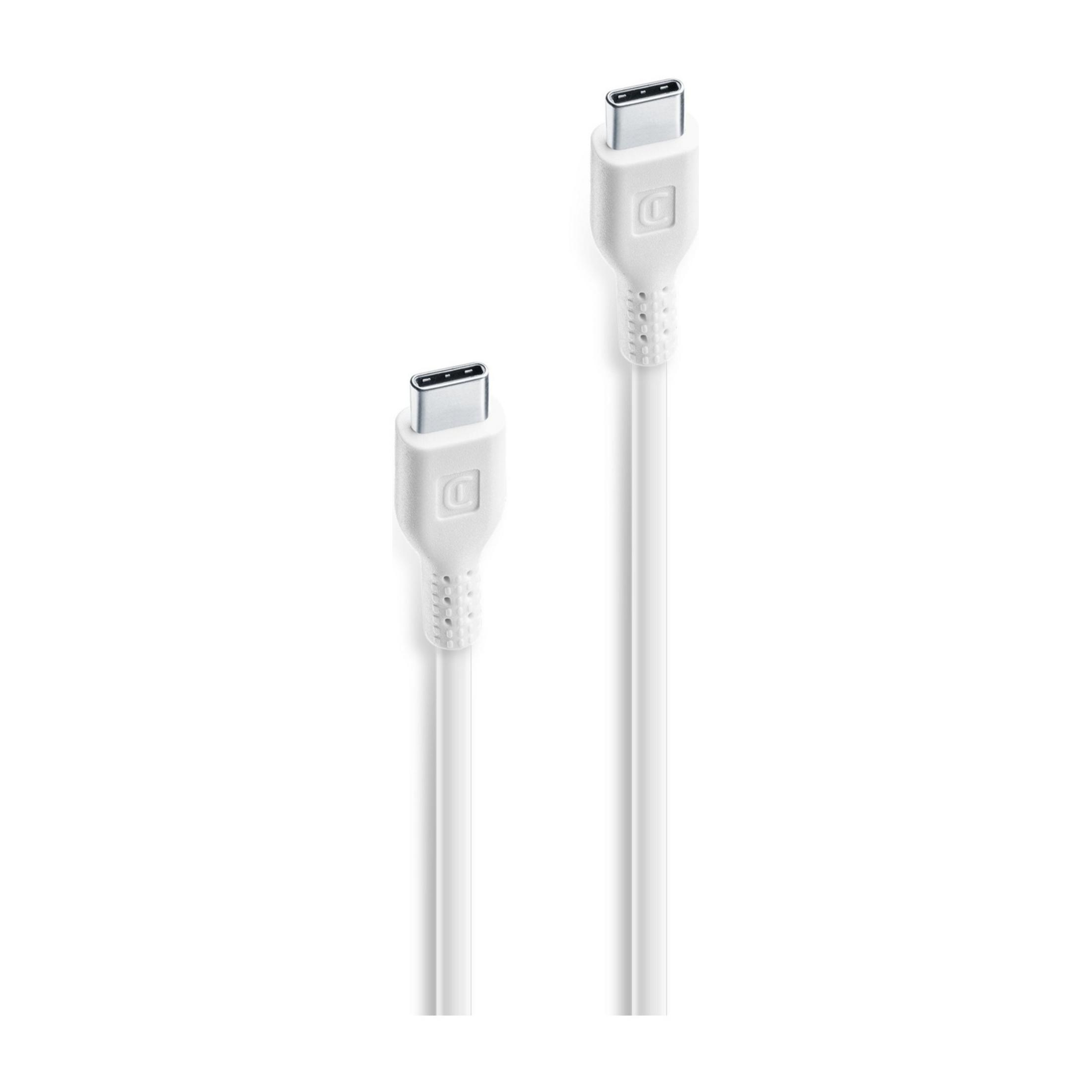 Deux câbles USB-C blancs avec connecteurs argentés, sur fond blanc.
