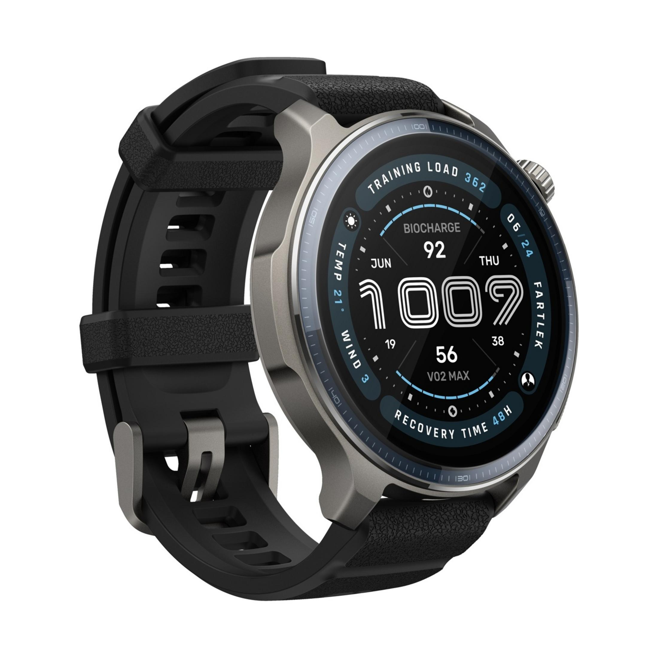 Gray smartwatch with black band displays training stats: load, biocharge, VO2 max, temp, wind.