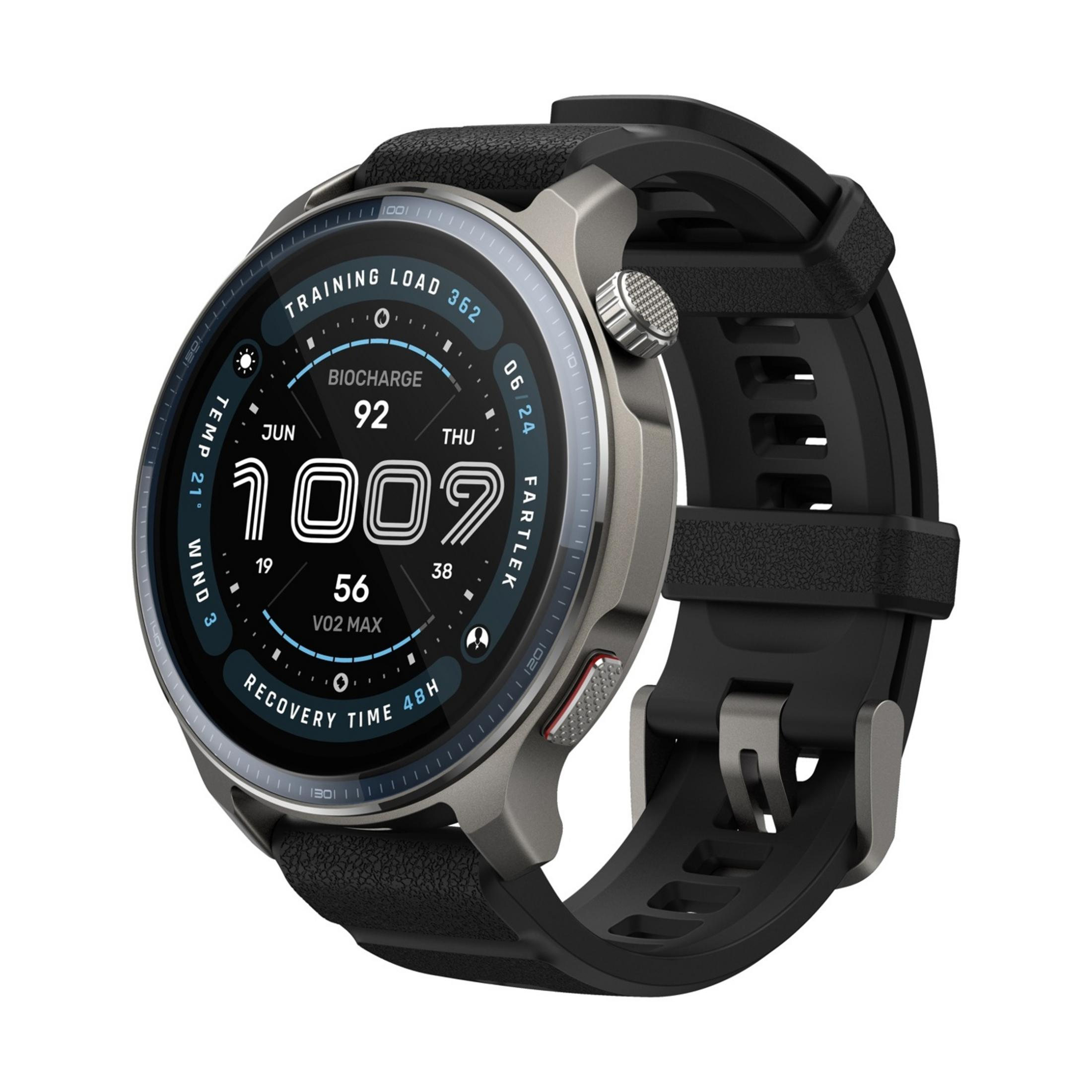 Gray smartwatch with black strap displaying training data like load and VO2 max.