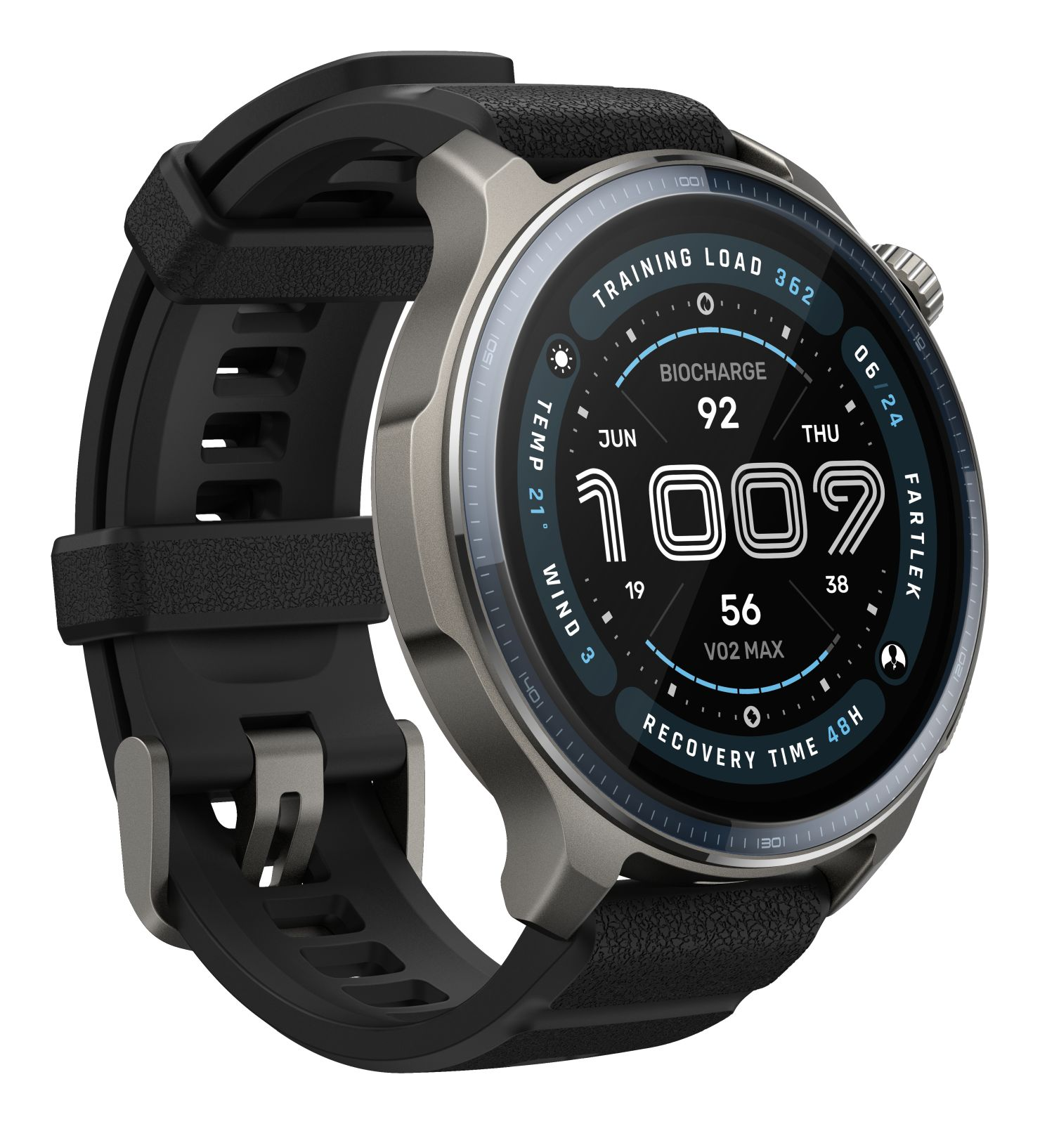 A grey smartwatch with a black strap and a detailed digital display.