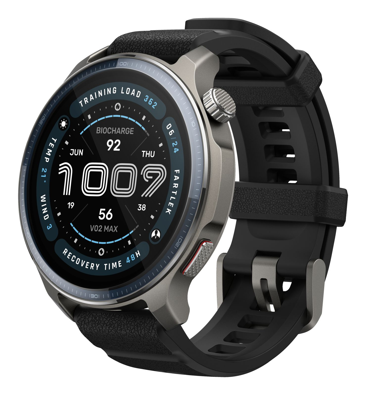 Gray smartwatch with black strap displaying training data.