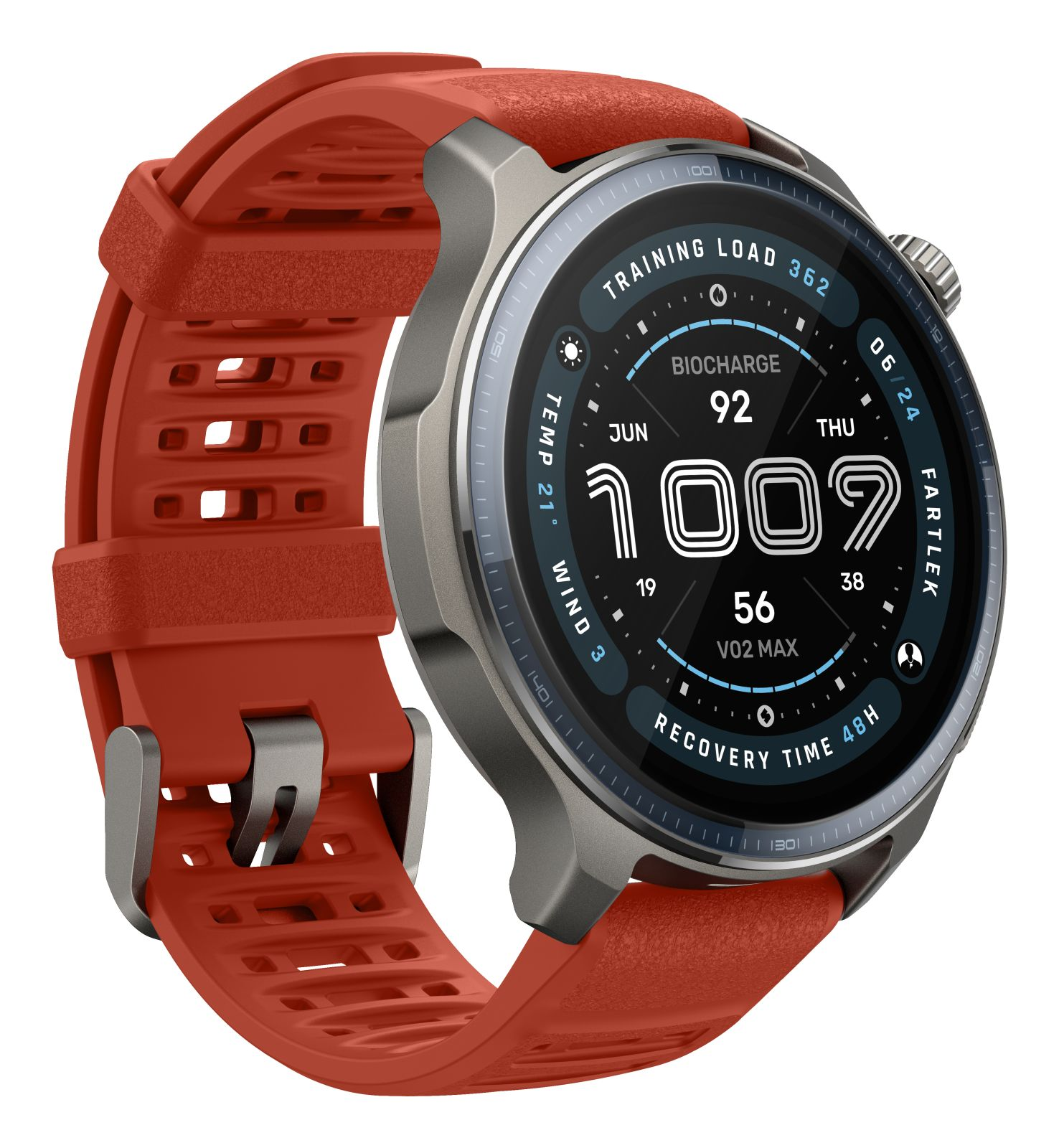 A red smartwatch with a gray bezel displays training data on its screen.