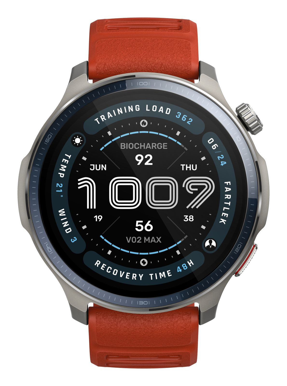 Gray smartwatch with red strap, displaying training data like biocharge and VO2 Max.