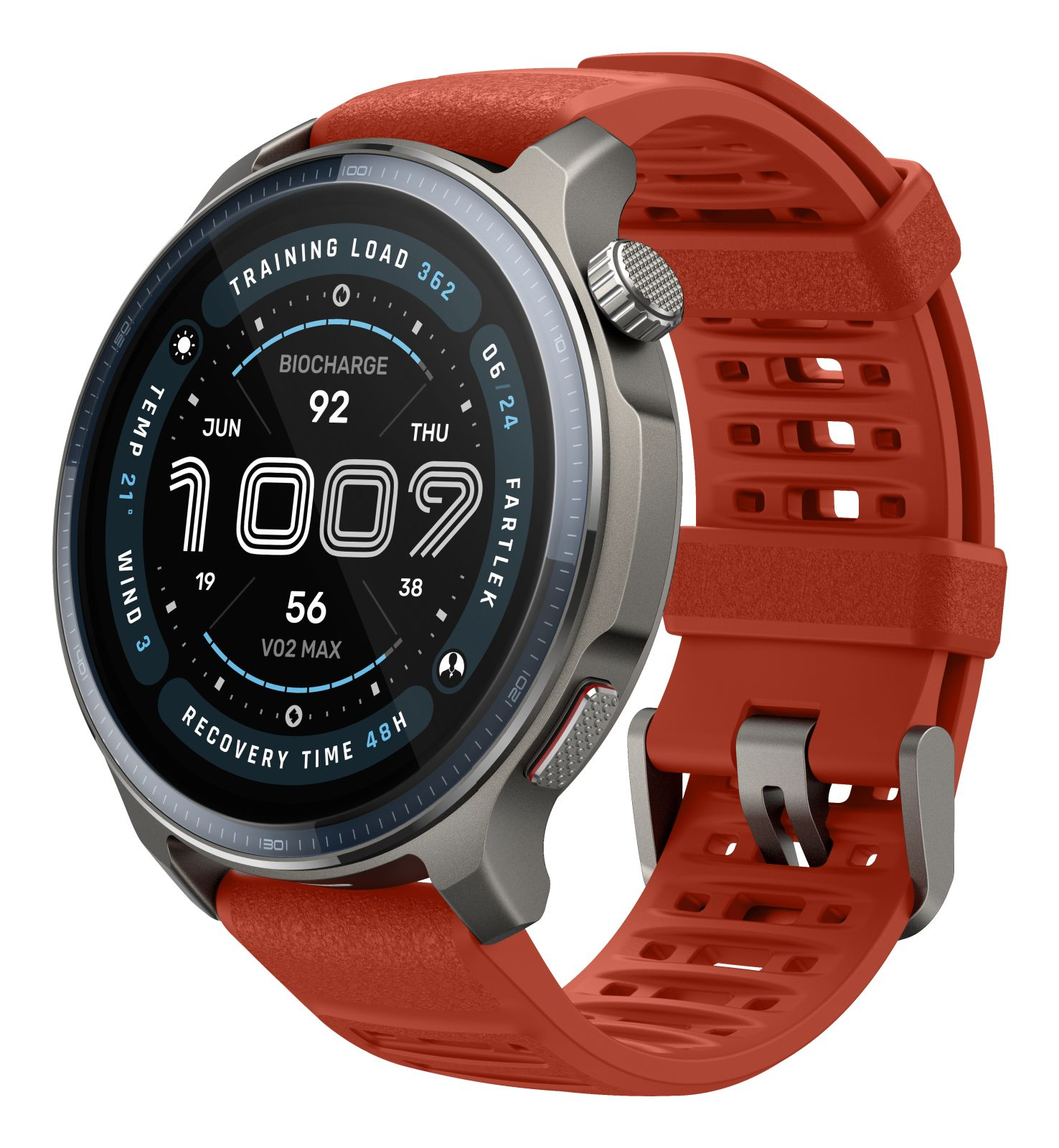 An orange smartwatch with a metal casing showing various training data on its display.