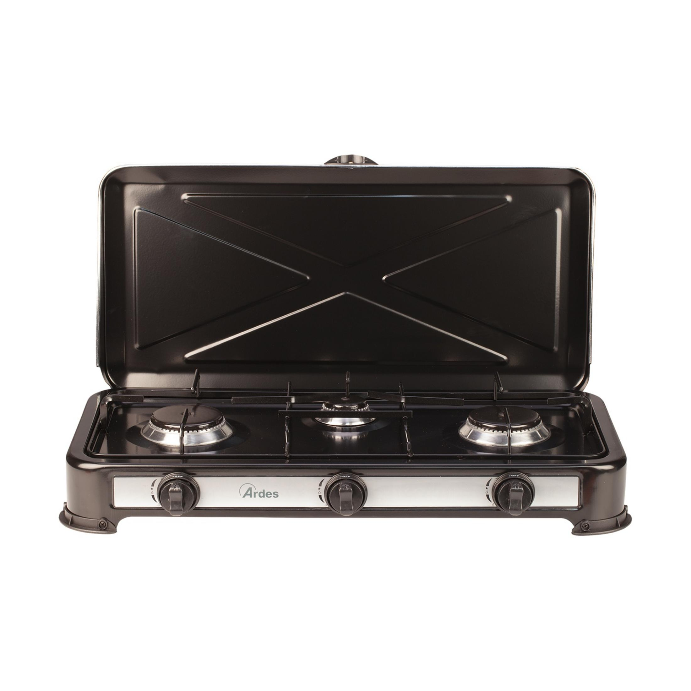 Czarna przenośna kuchenka gazowa z trzema palnikami i otwartą pokrywą.