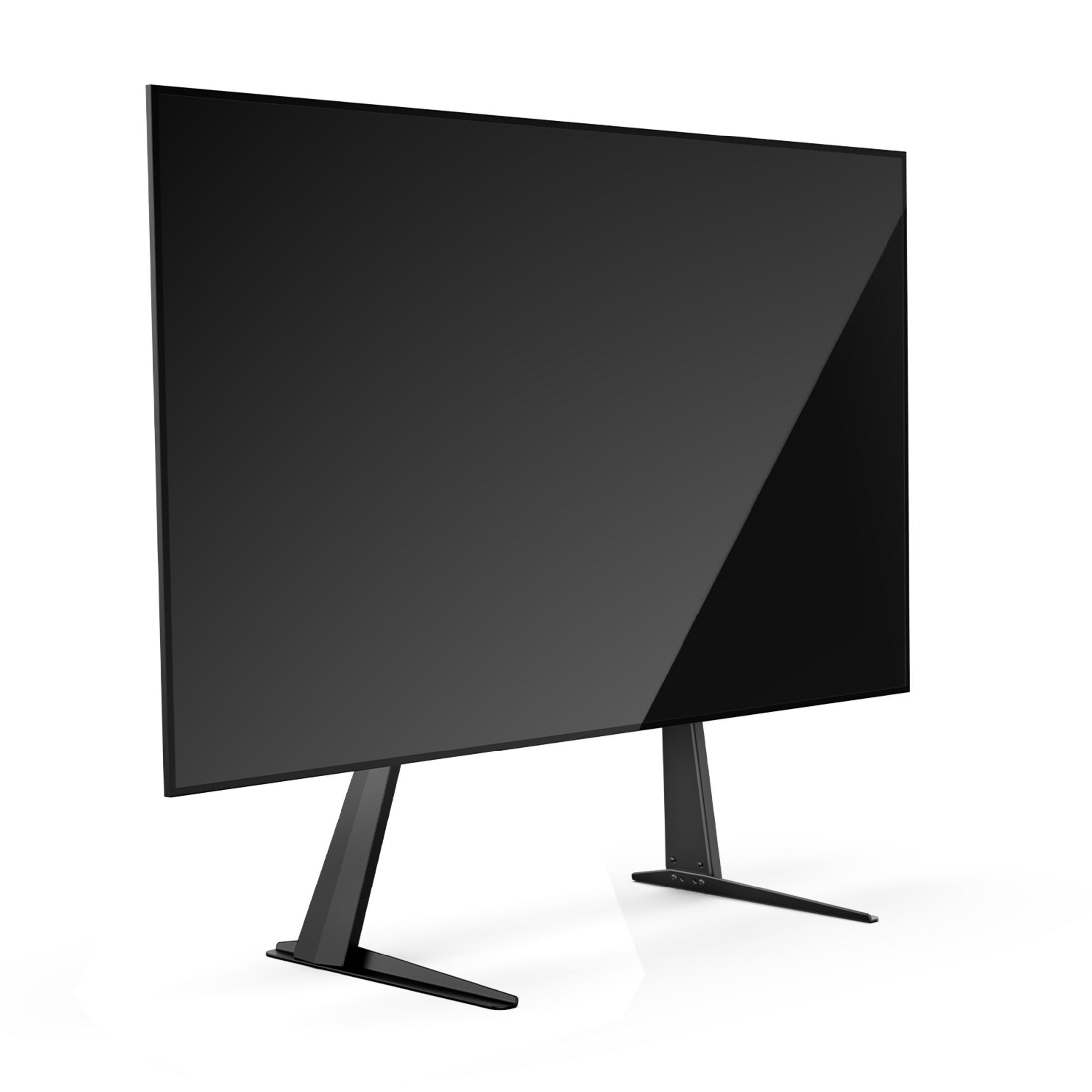 Un monitor negro con dos soportes elegantes descansa sobre fondo blanco.