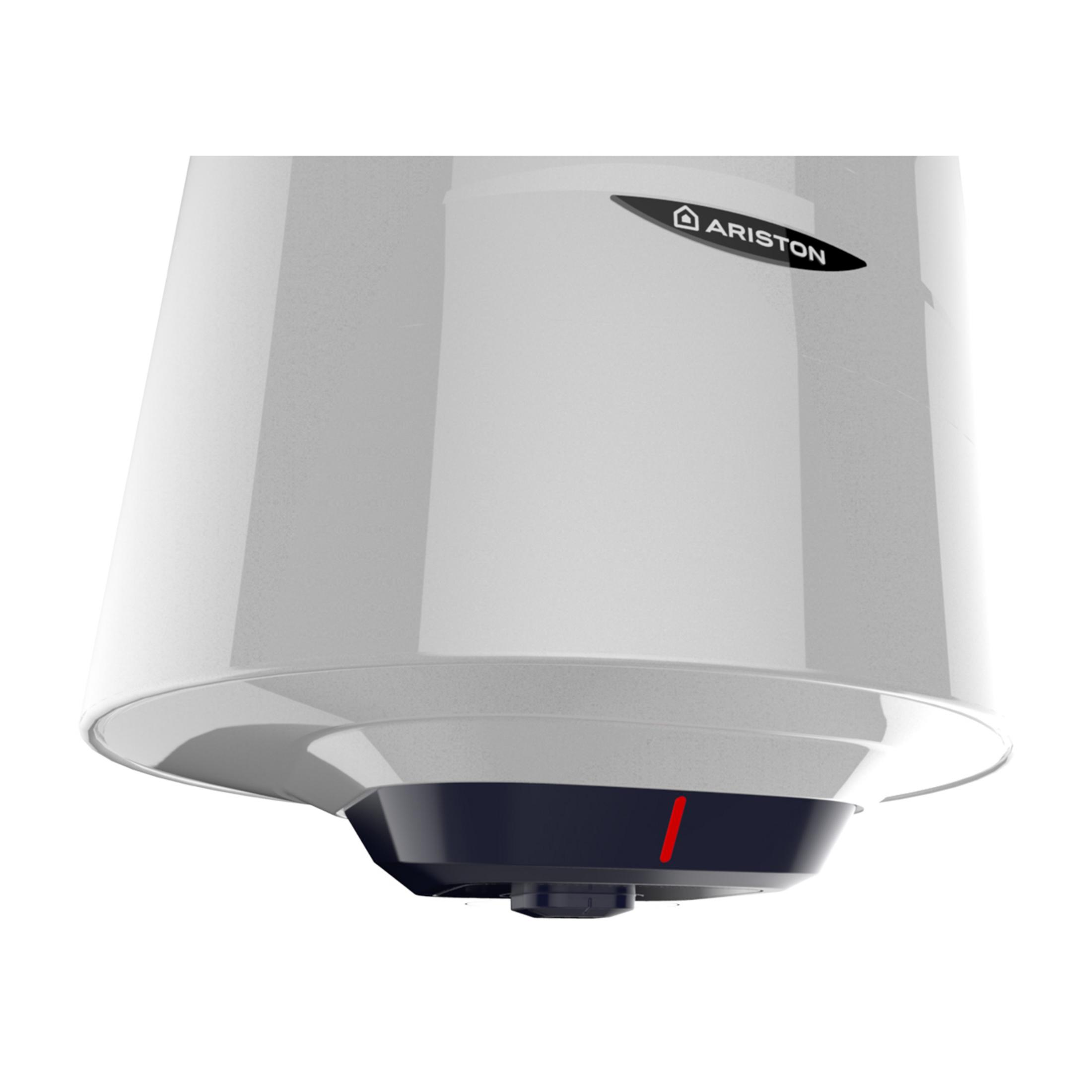 Scaldabagno Ariston bianco con base scura e linea rossa.