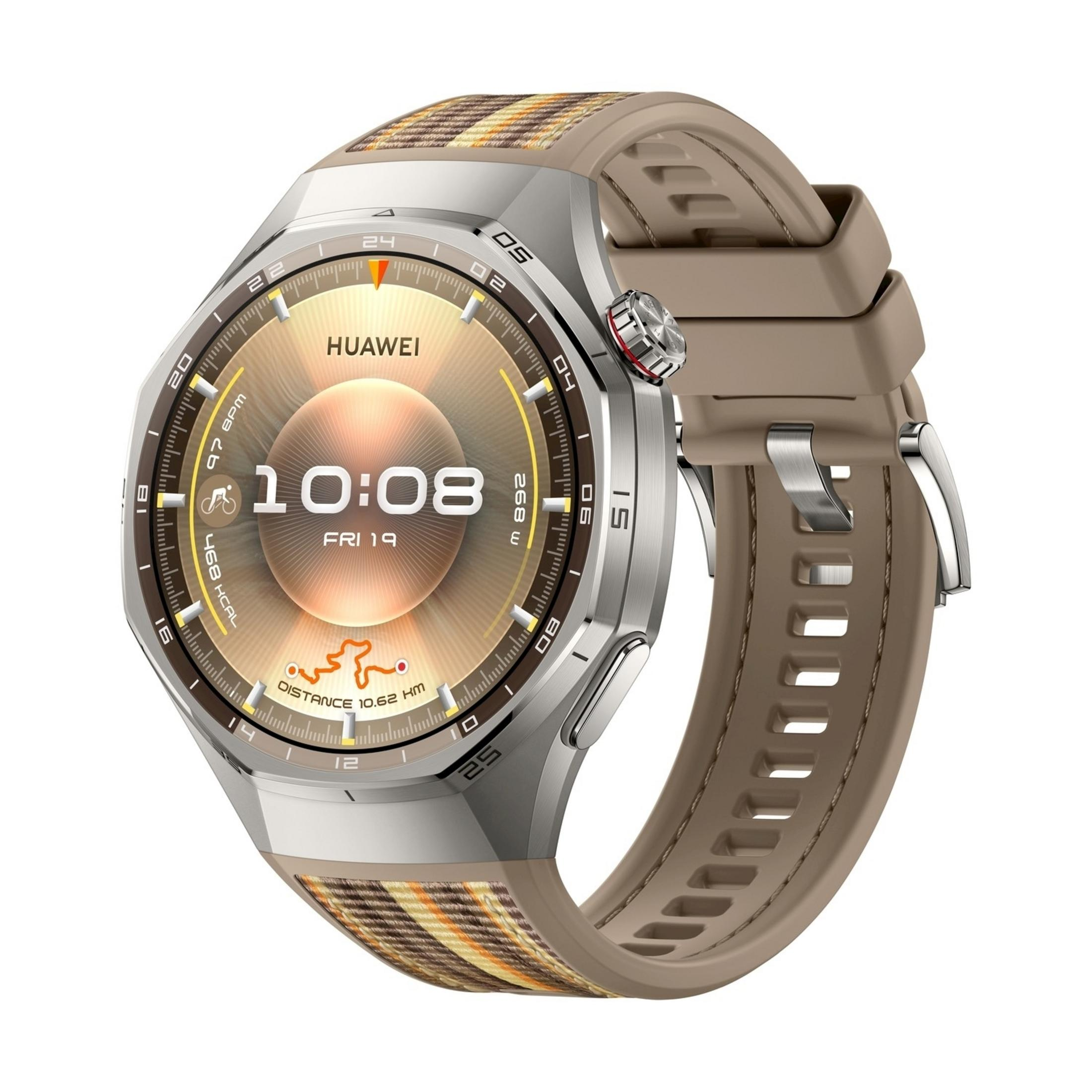 Een zilverkleurig smartwatch met bruine band met ruitpatroon. Het toont 10:08 uur.