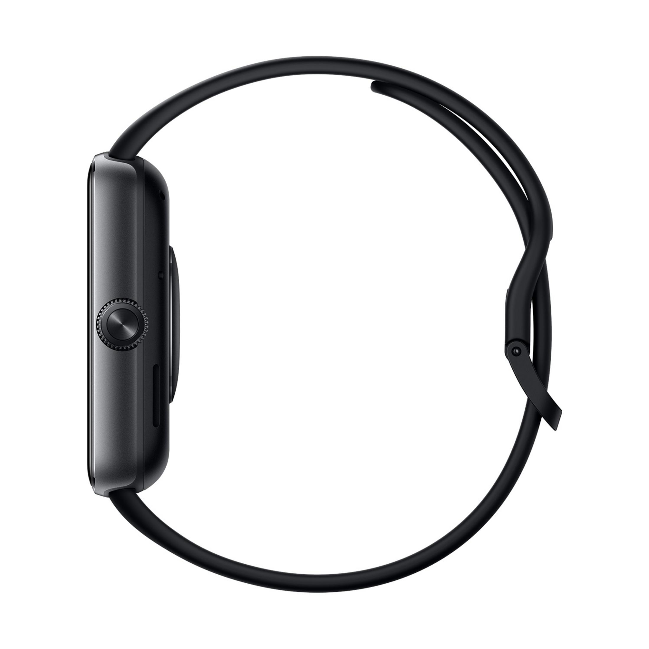 Black smartwatch with a rotating crown, shown from the side on a white background.