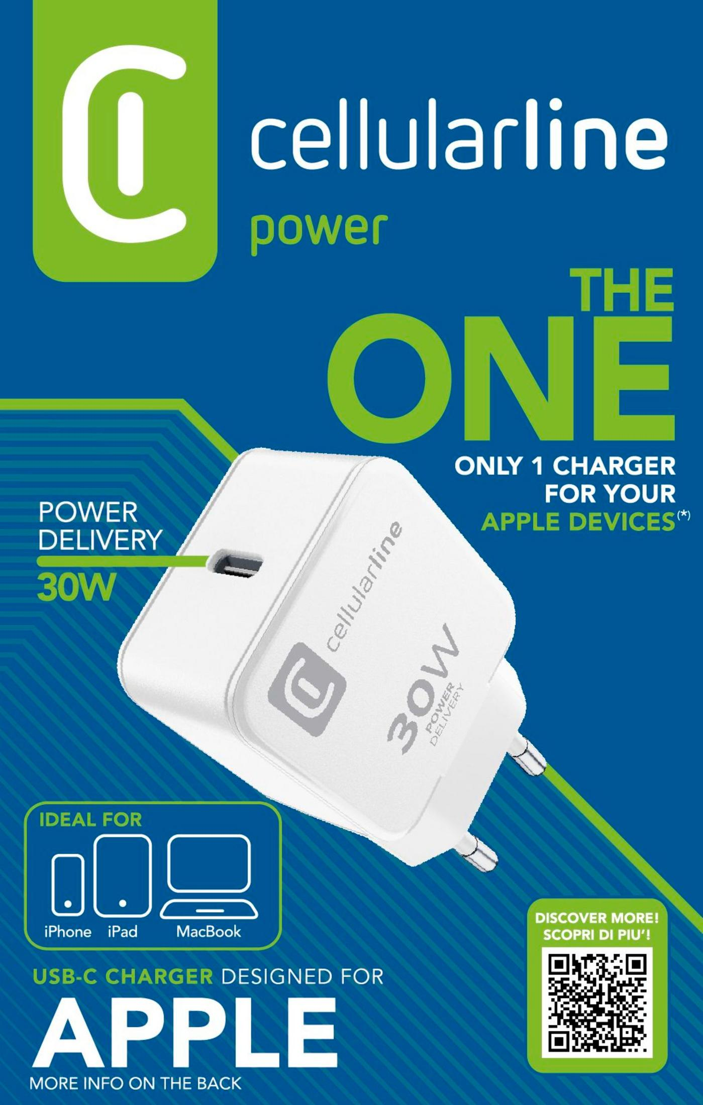 Un cargador blanco Cellularline de 30W USB-C con Power Delivery para Apple.