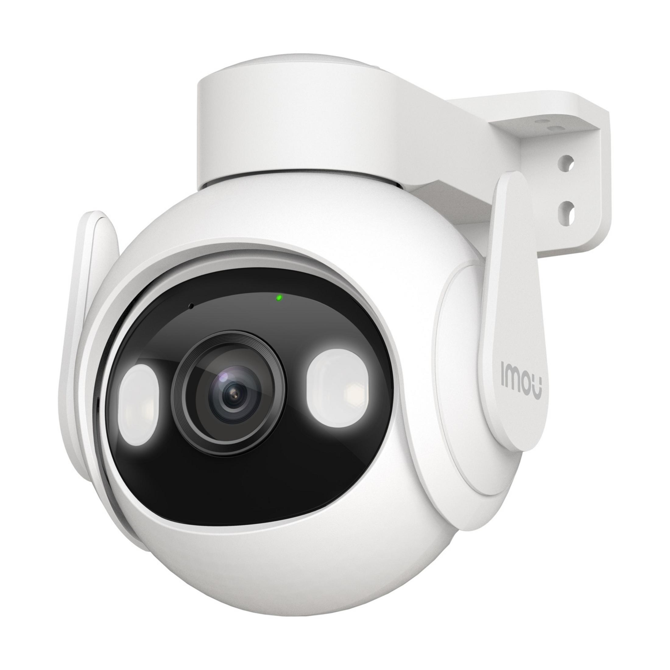 Una telecamera di sicurezza bianca con obiettivo e luci su sfondo bianco.
