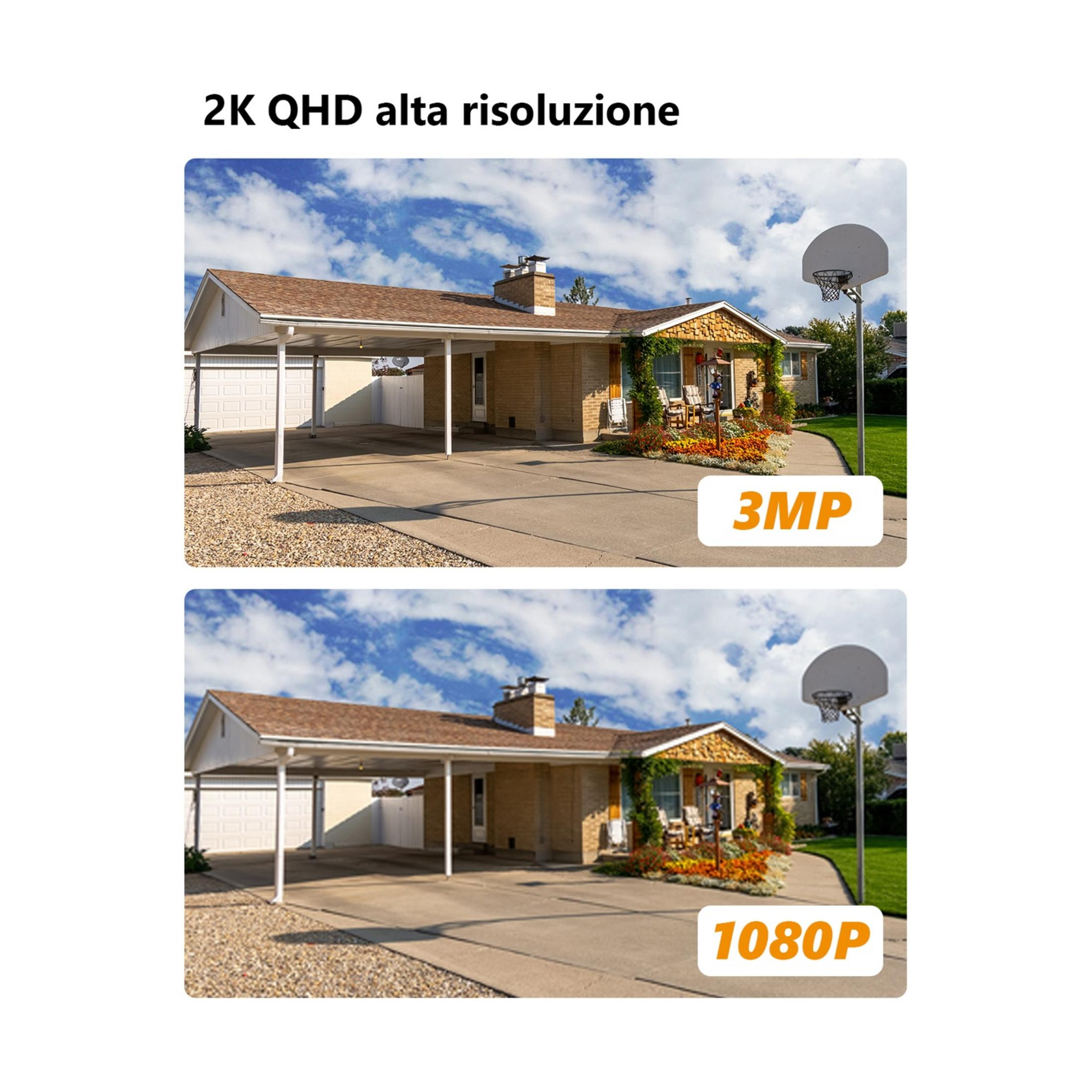 Casa con posto auto coperto e canestro da basket, risoluzione 3MP e 1080P.