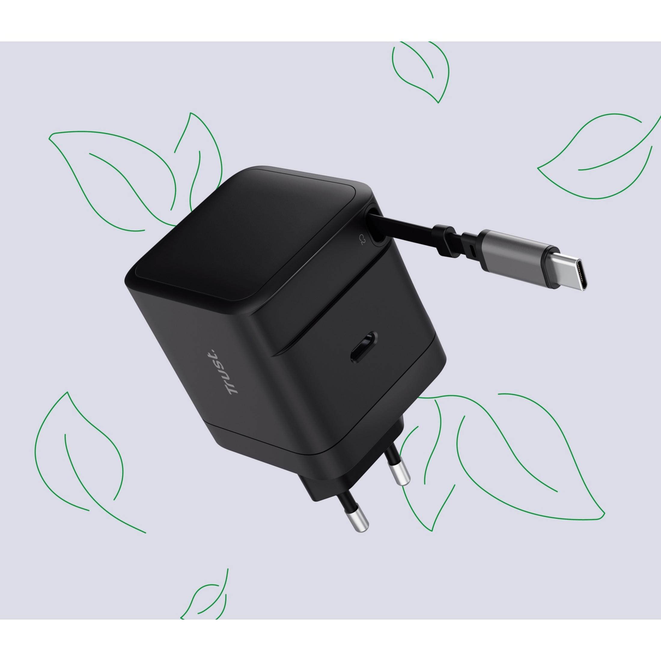 Black USB-C adapter with cable on light grey background with green leaf motifs.