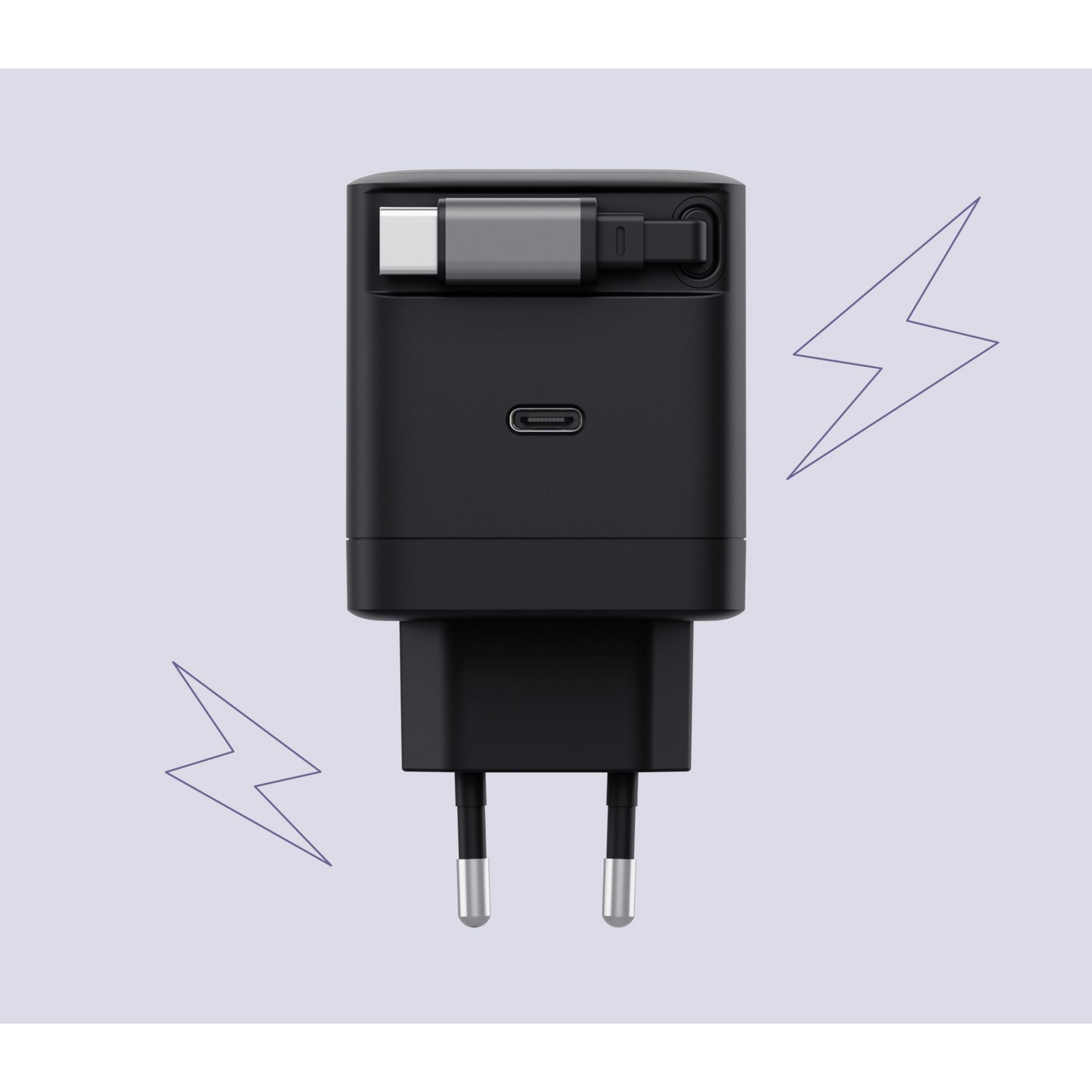 A black USB-C adapter with foldable prongs and a USB-C cable.