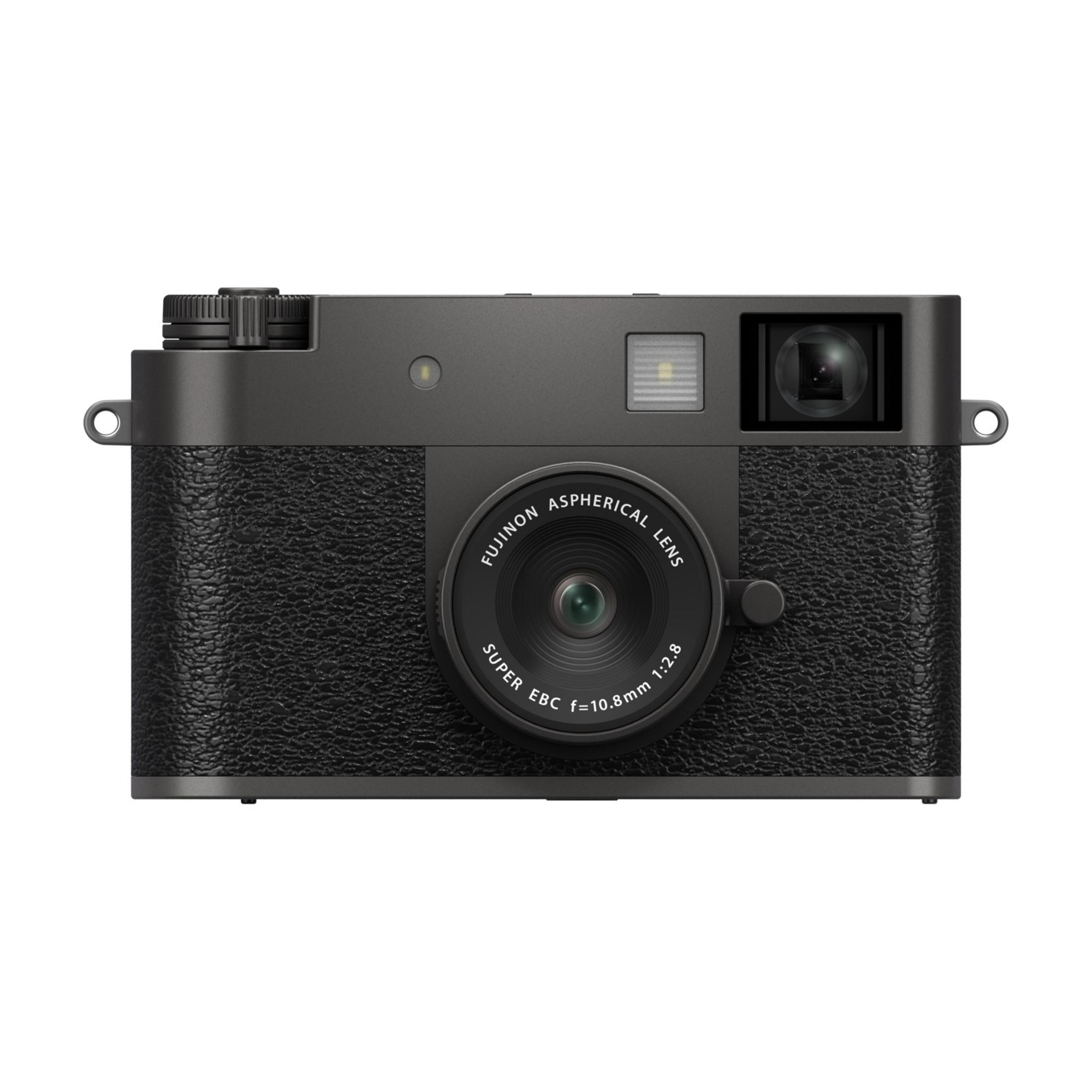 Eine schwarze Digitalkamera mit Objektiv und Blitz, isoliert auf weißem Hintergrund.