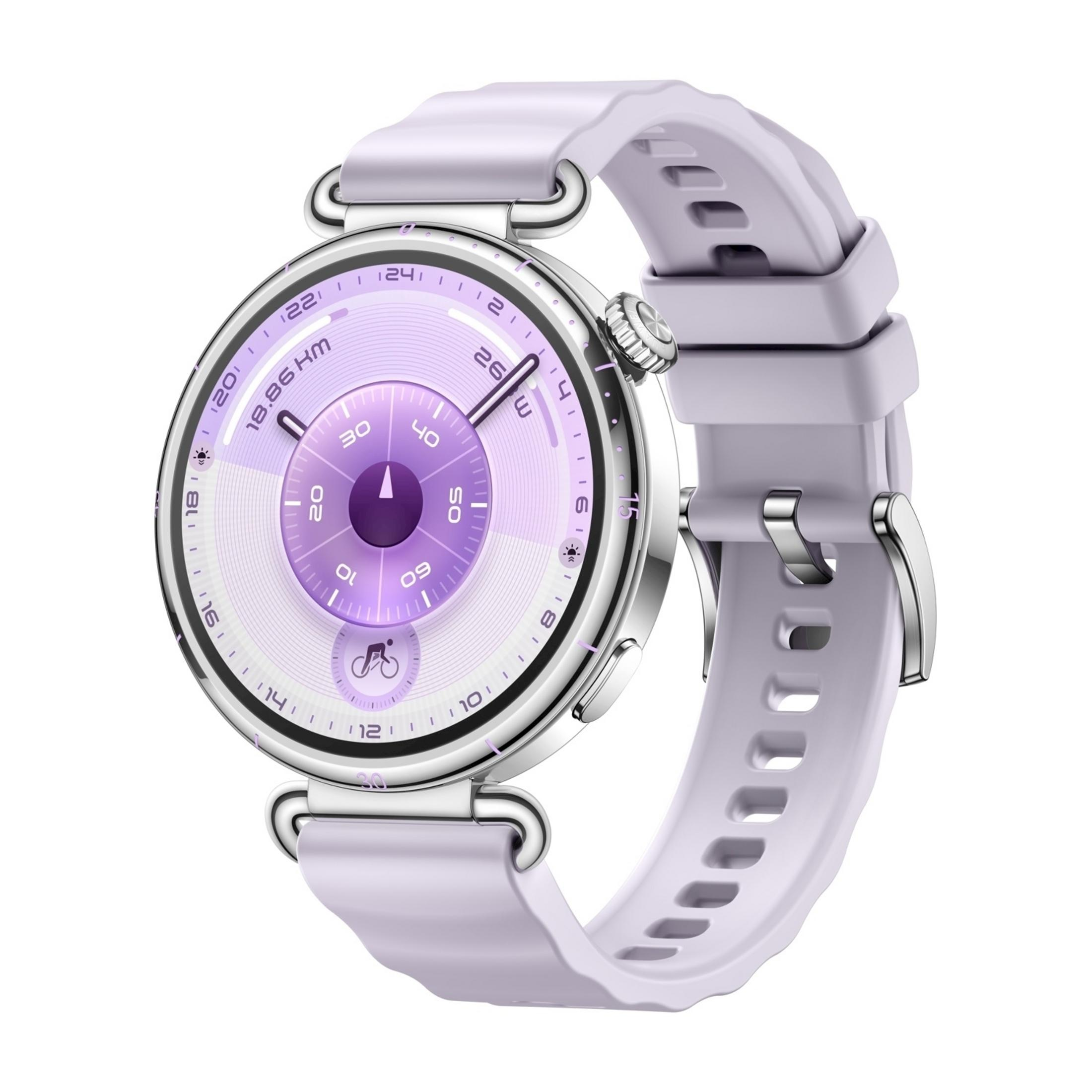 Eine lila Smartwatch mit rundem Zifferblatt und silbernem Gehäuse.