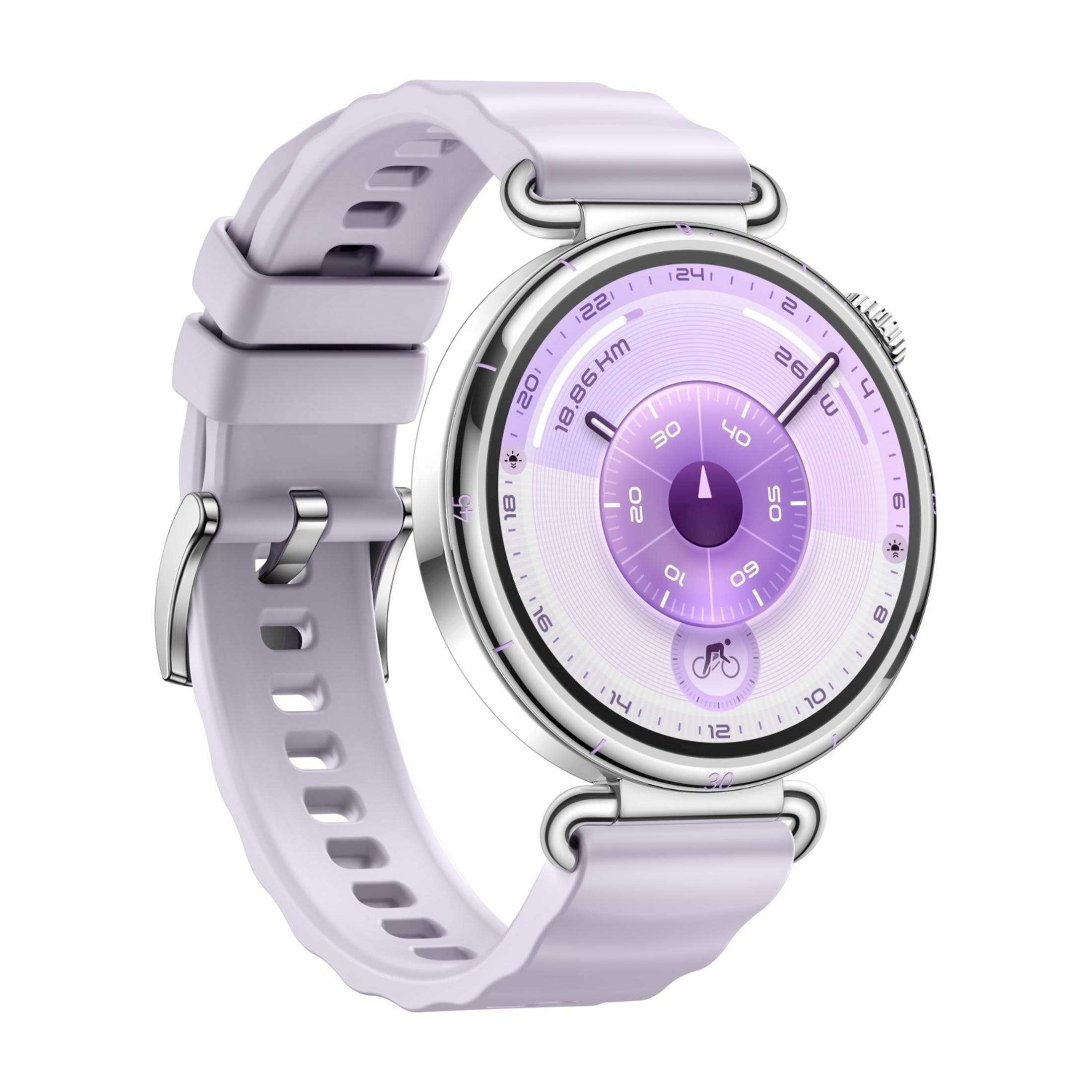 Eine lavendelfarbene Smartwatch mit silbernem Gehäuse und rundem Zifferblatt.