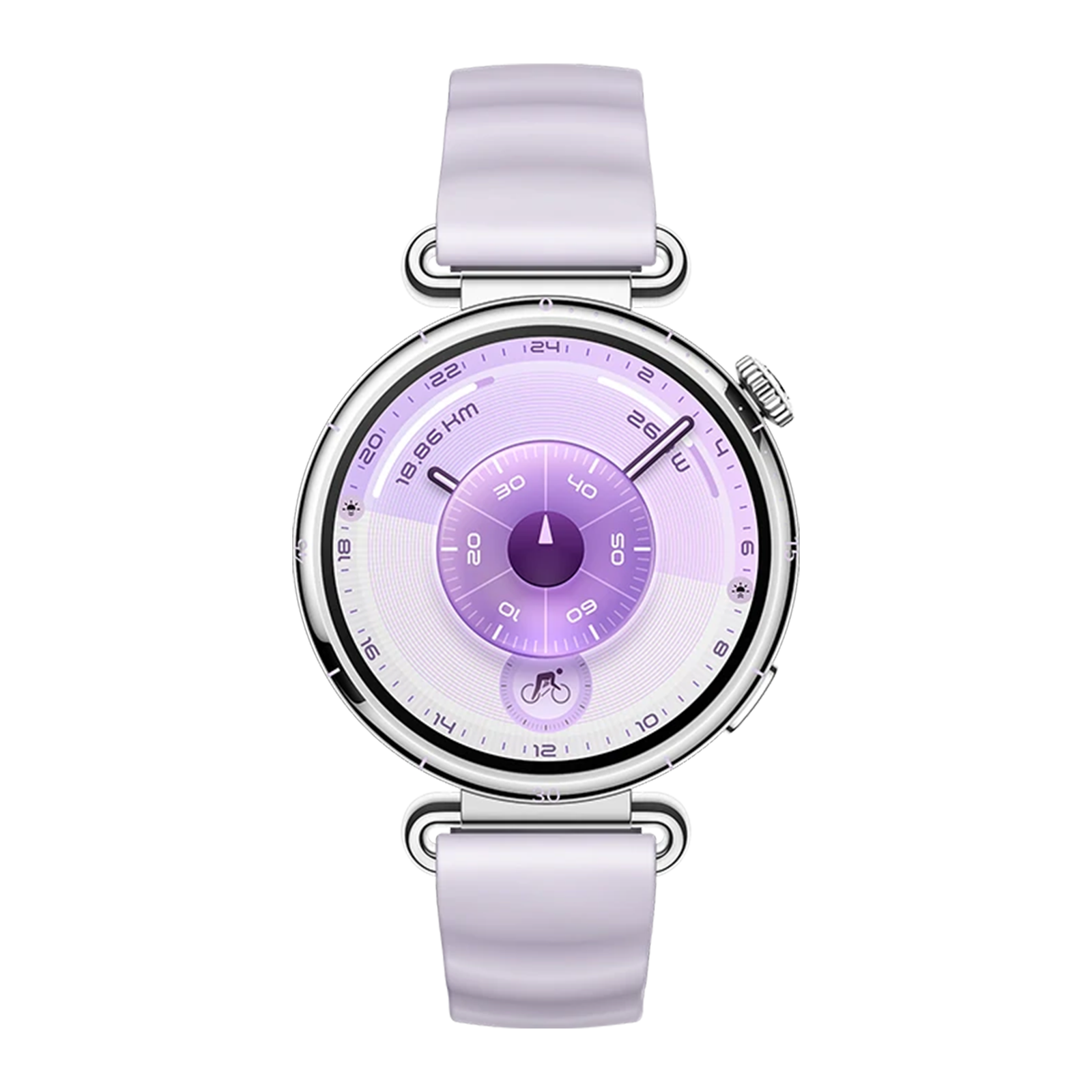 Een zilveren smartwatch met een paars wijzerplaat en band.
