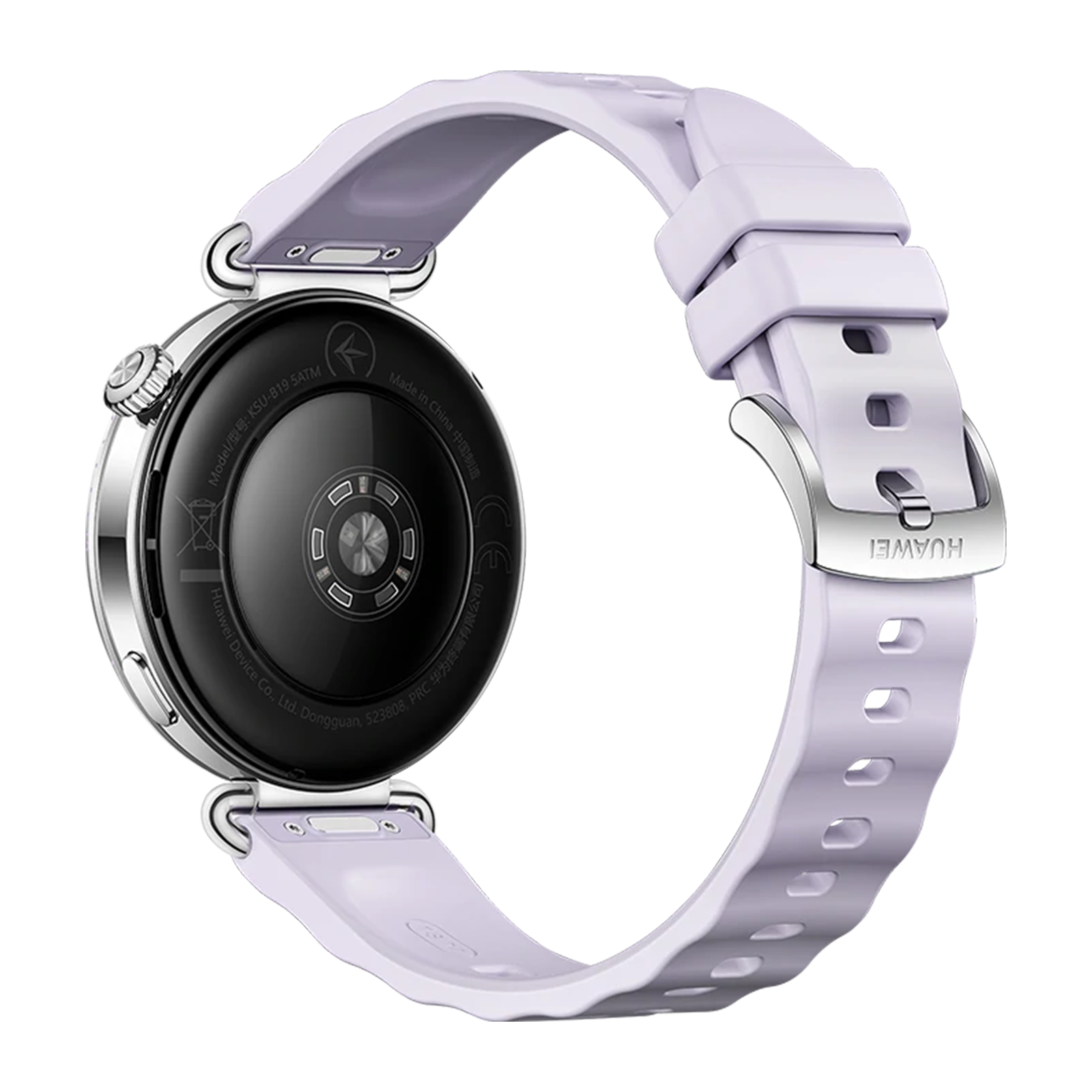Een lichtpaarse smartwatchband met zilveren gesp en zwarte achterkant.