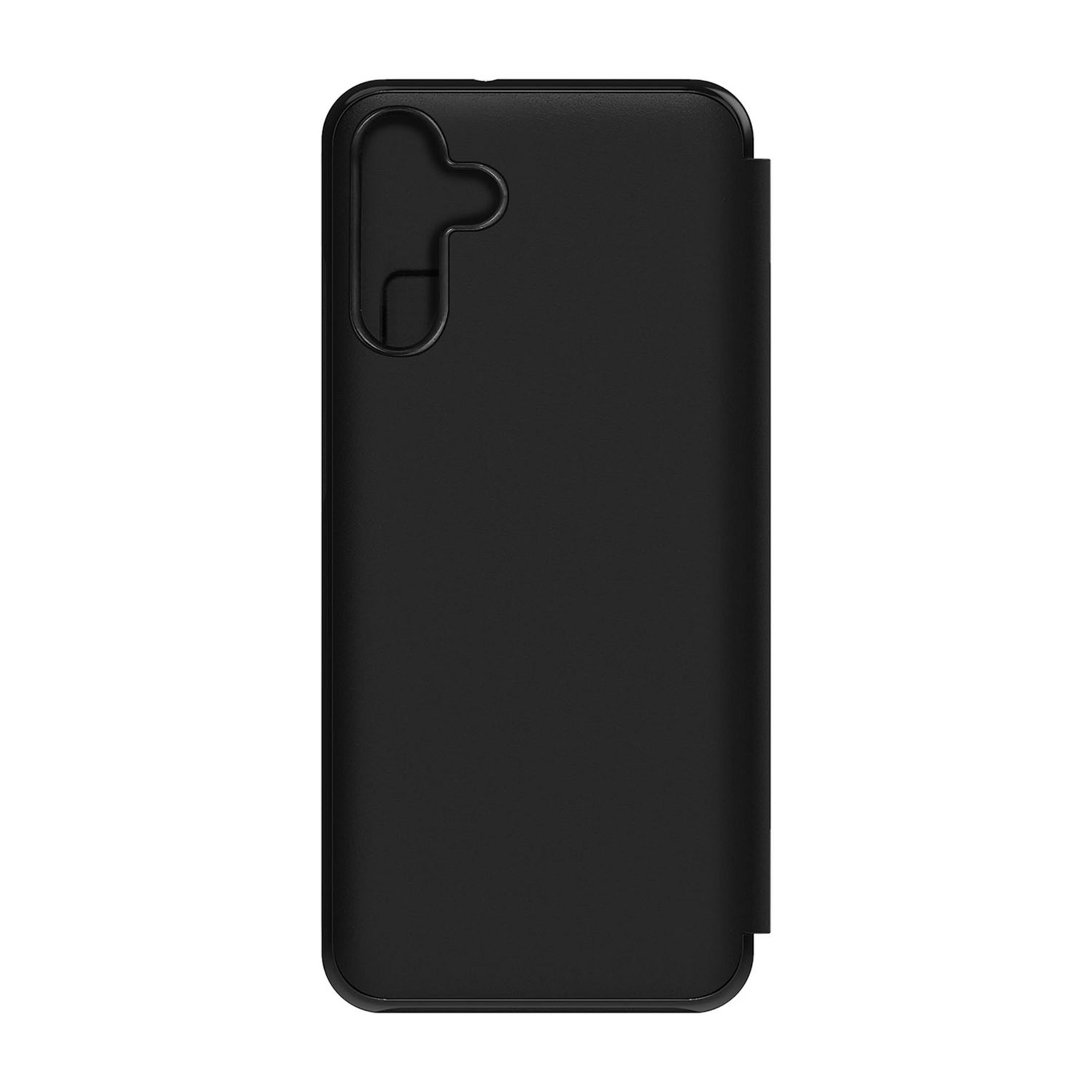 Schwarzes Smartphone-Flipcase mit Kameraloch und abgerundeten Ecken.