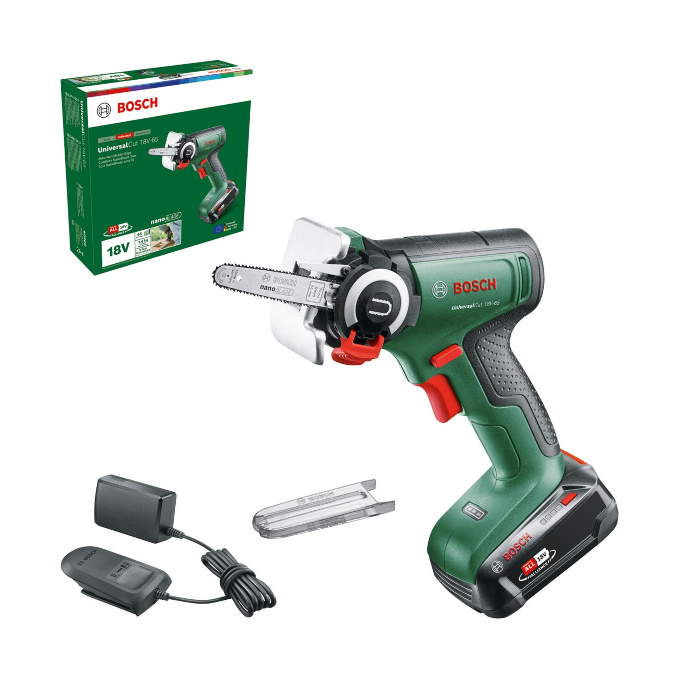 Bosch UniversalCut 18V-65 testere, pil, şarj cihazı ve aksesuarlarıyla.